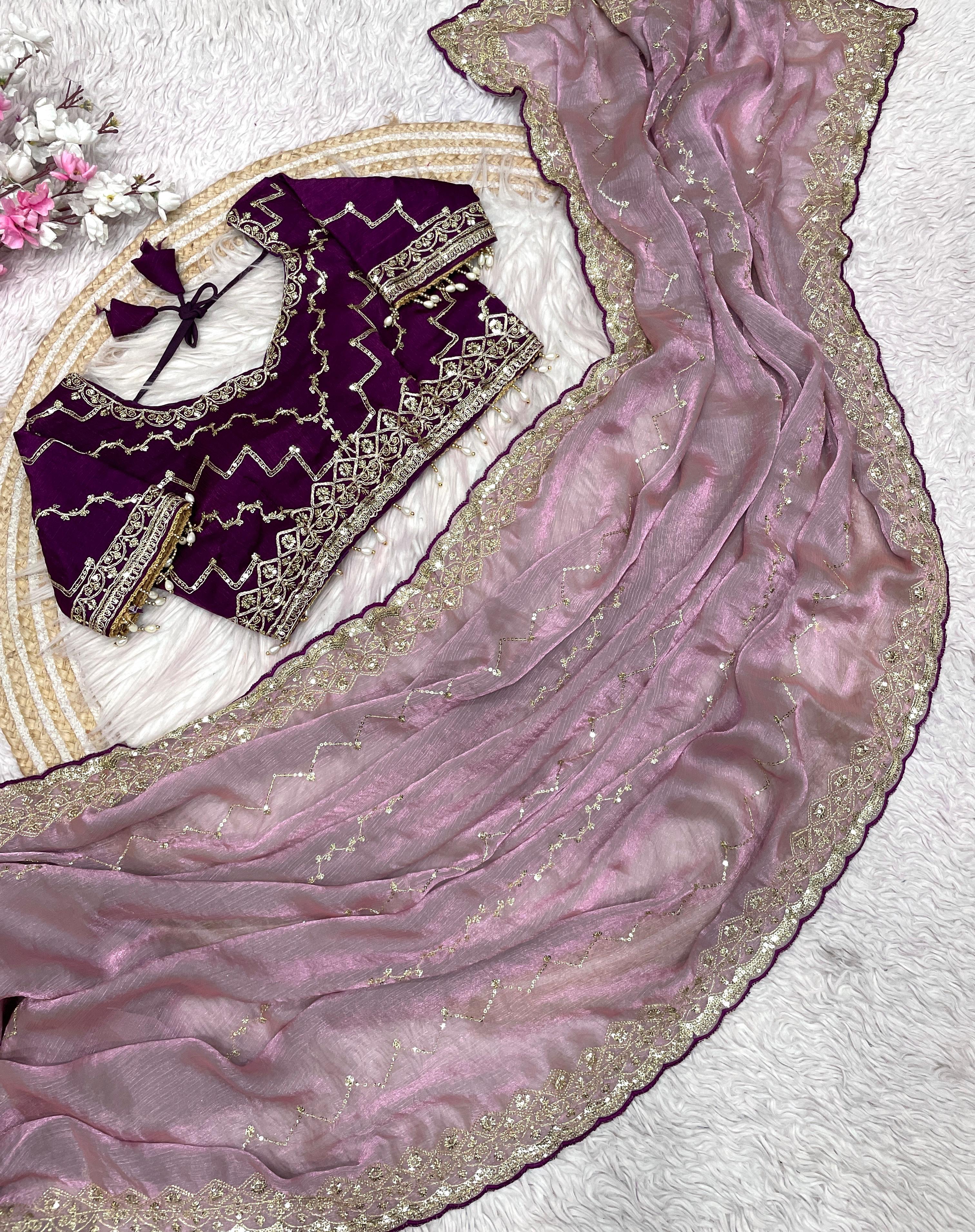 Fendy Chiffon Two-Tone Saree with Sequins & Embroidery Work