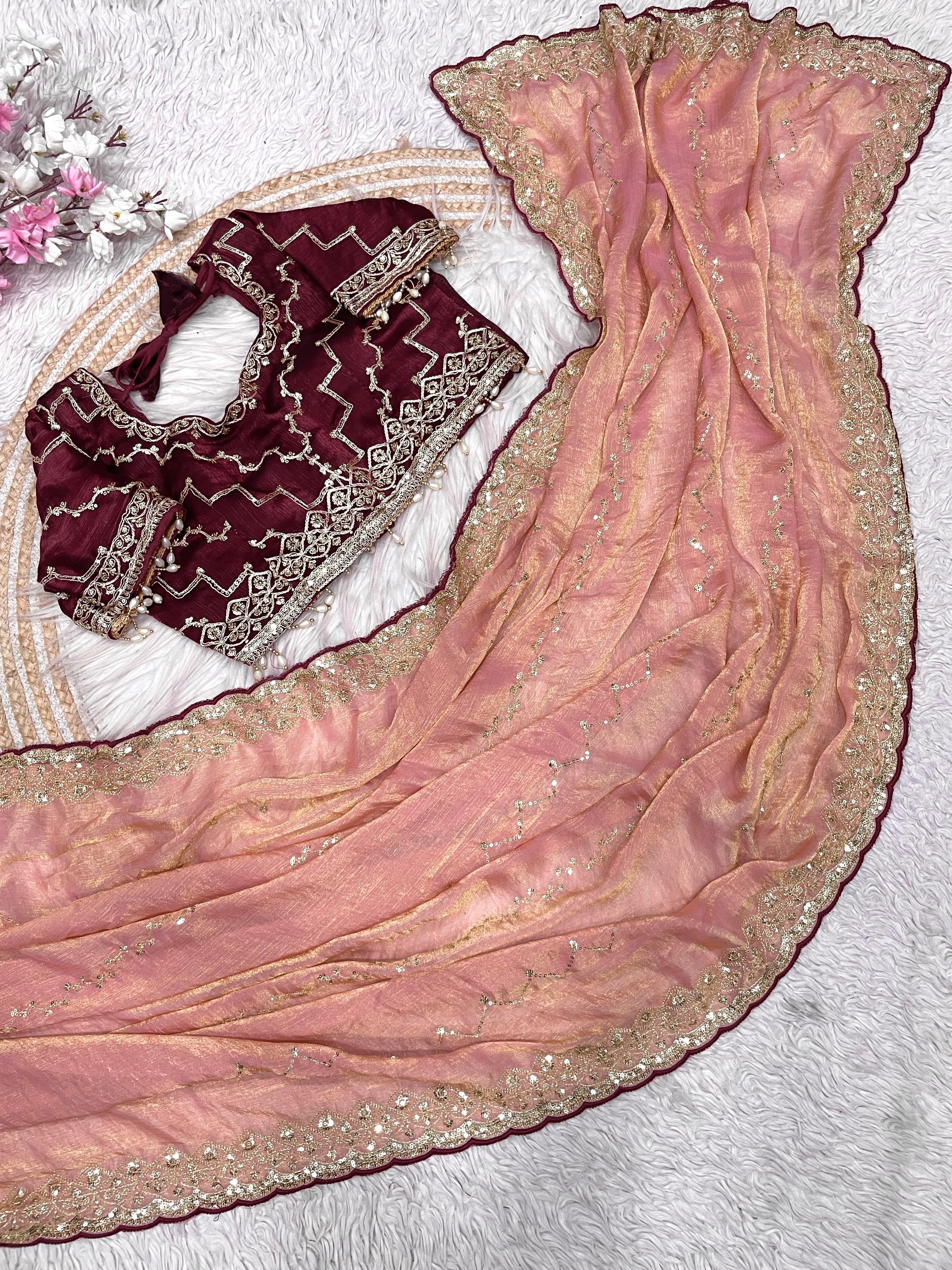 Fendy Chiffon Two-Tone Saree with Sequins & Embroidery Work