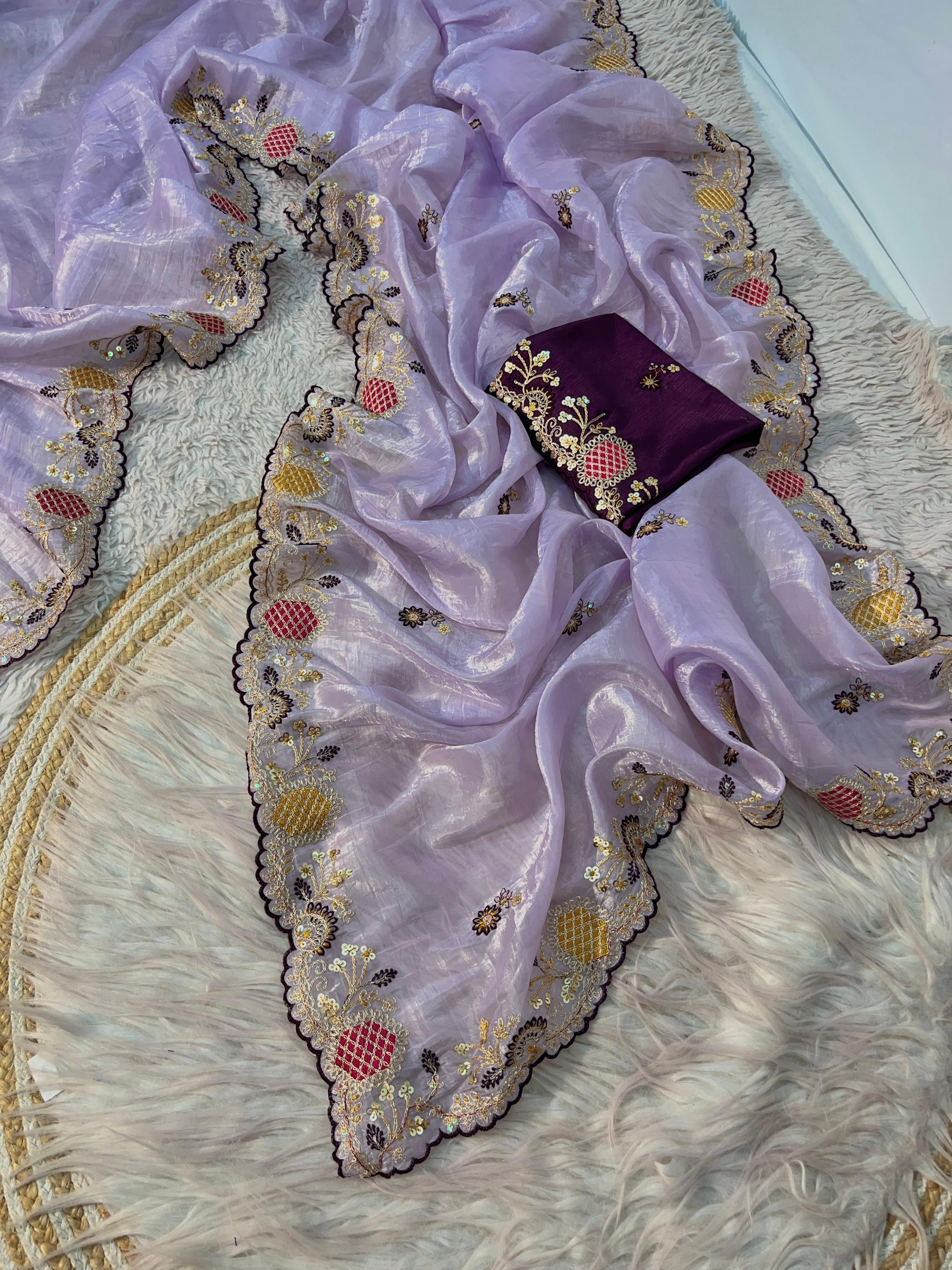 Soft shiny silver organza crush saree