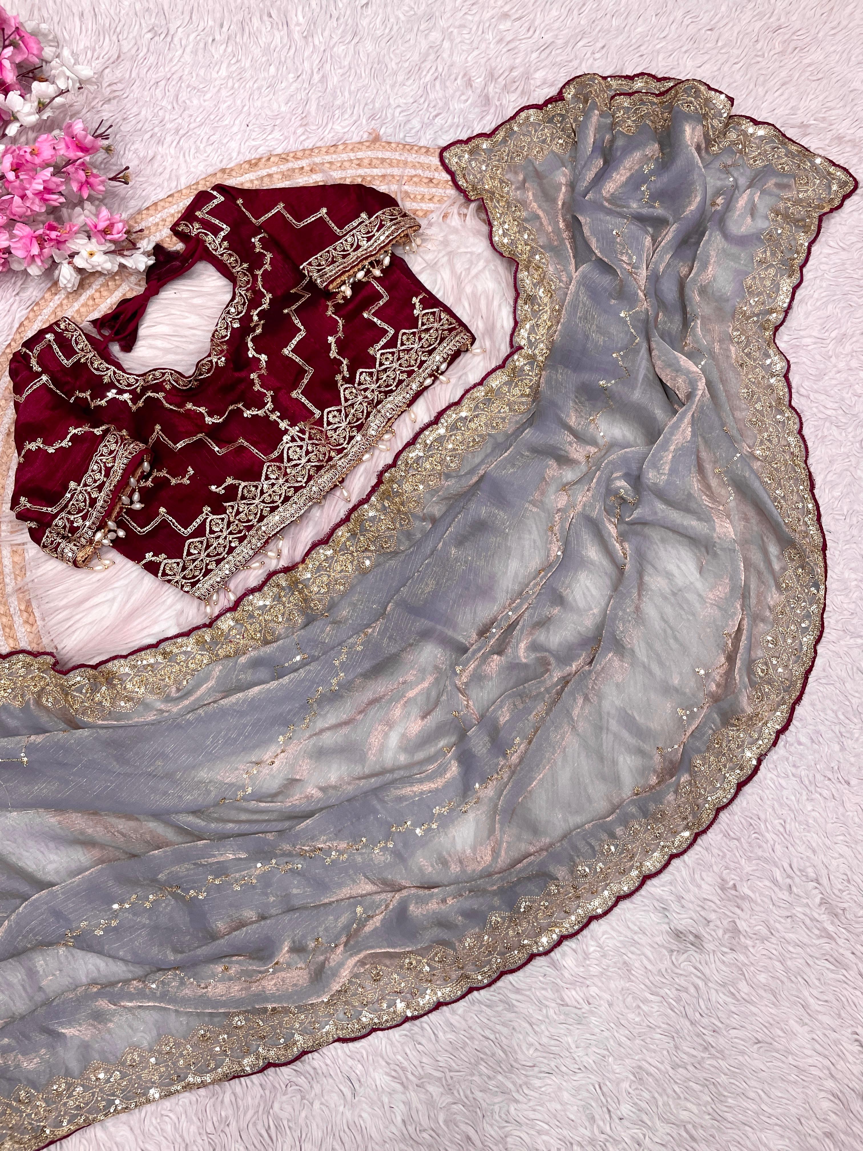 Fendy Chiffon Two-Tone Saree with Sequins & Embroidery Work