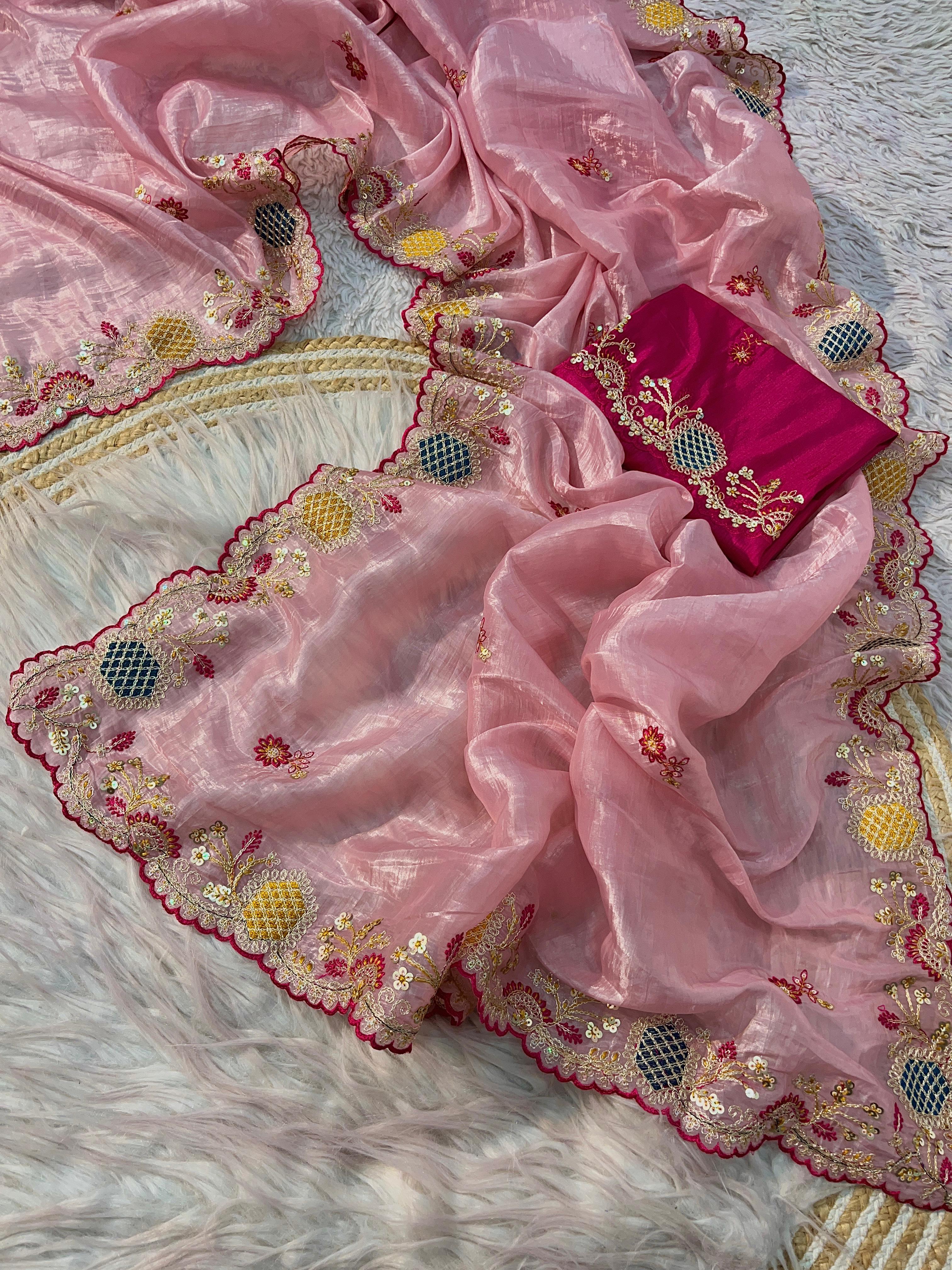 Soft shiny silver organza crush saree