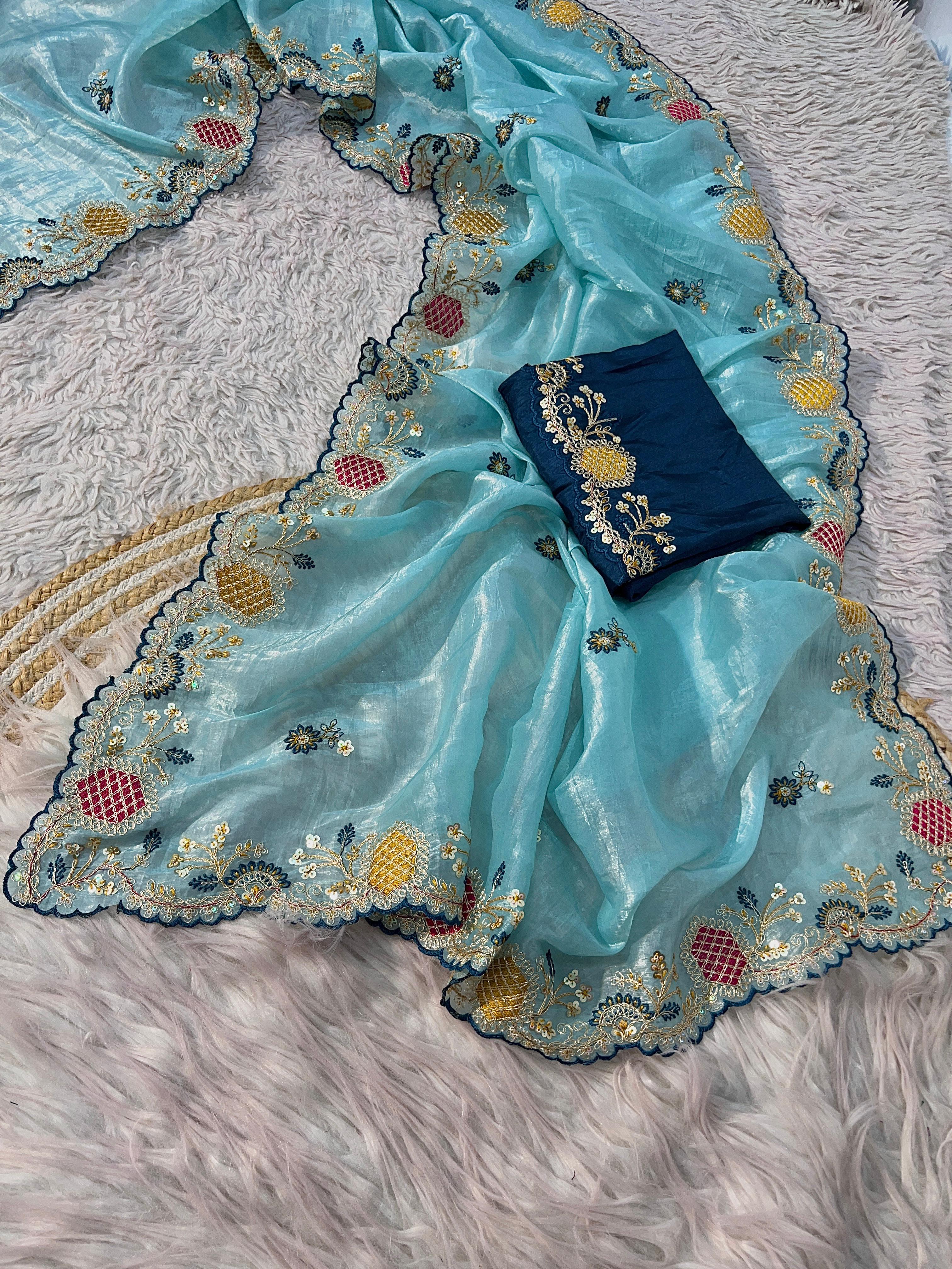 Soft shiny silver organza crush saree