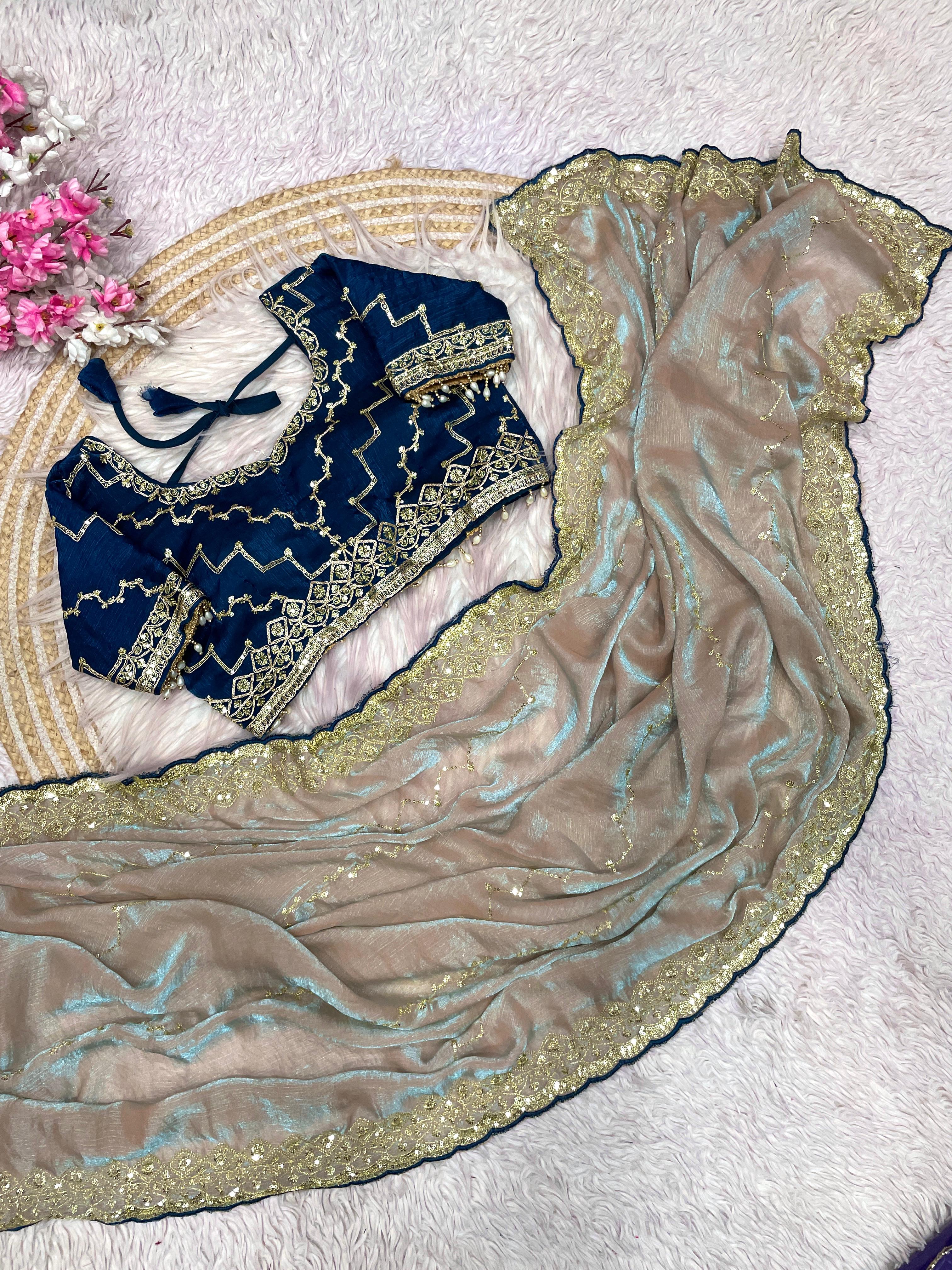 Fendy Chiffon Two-Tone Saree with Sequins & Embroidery Work