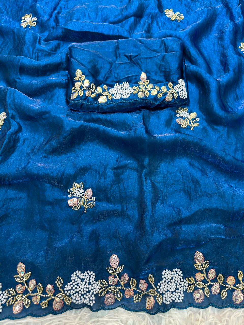 Fandy Sattin saree with heavy beads work