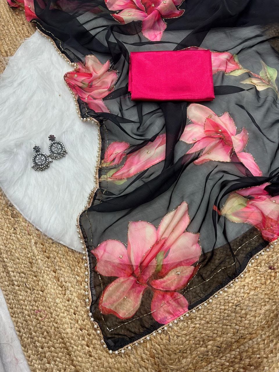 Blue Floral Printed Chiffon Saree