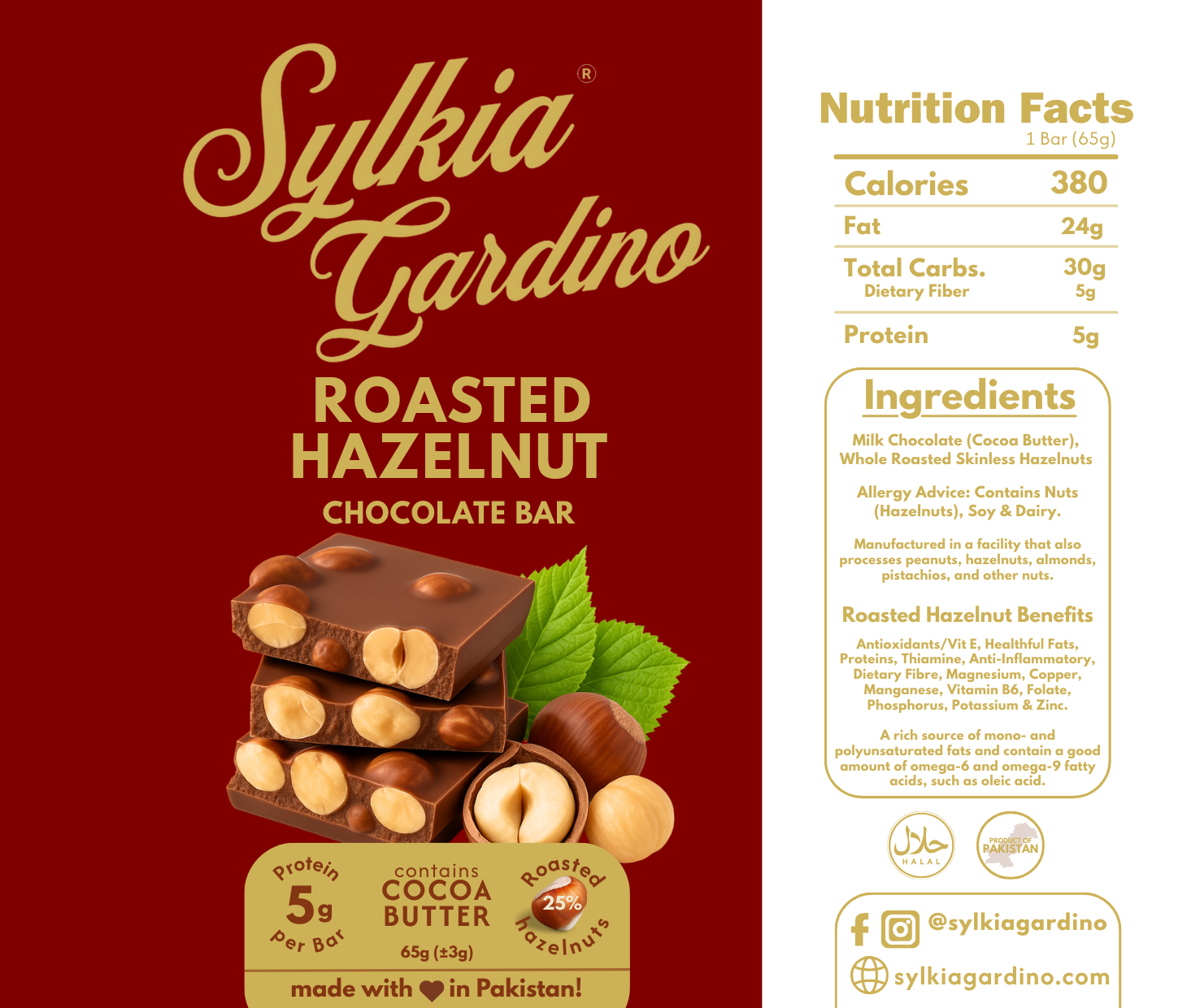 Roasted Whole Hazelnut Chocolate Bar (Cocoa Butter) (15% Roasted Hazelnuts!) (65g)
