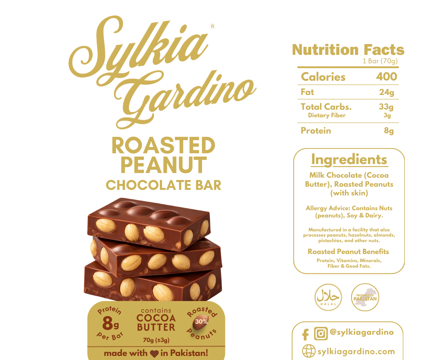 Double chocolate Peanut Bar (Cocoa Butter) (30% Roasted Peanuts) (70g)