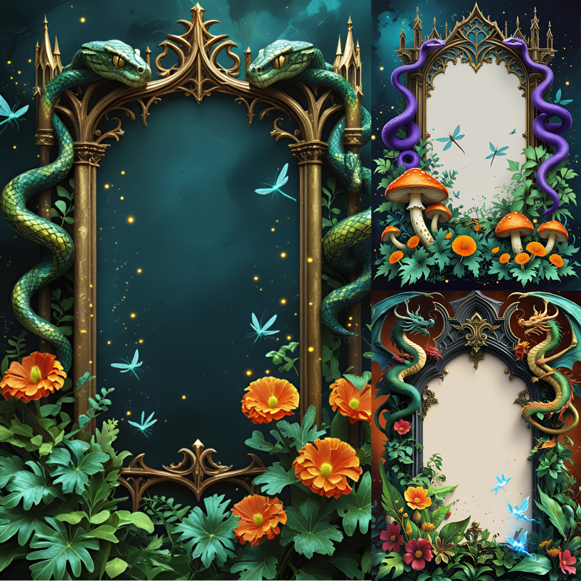 Gothic Scrolls Digital Papers, Dragon Digital Paper Fantasy Arch Frames Mystical Floral Ornate Medieval| Emerald Snake & Dragon Frames | Gothic Scrapbook