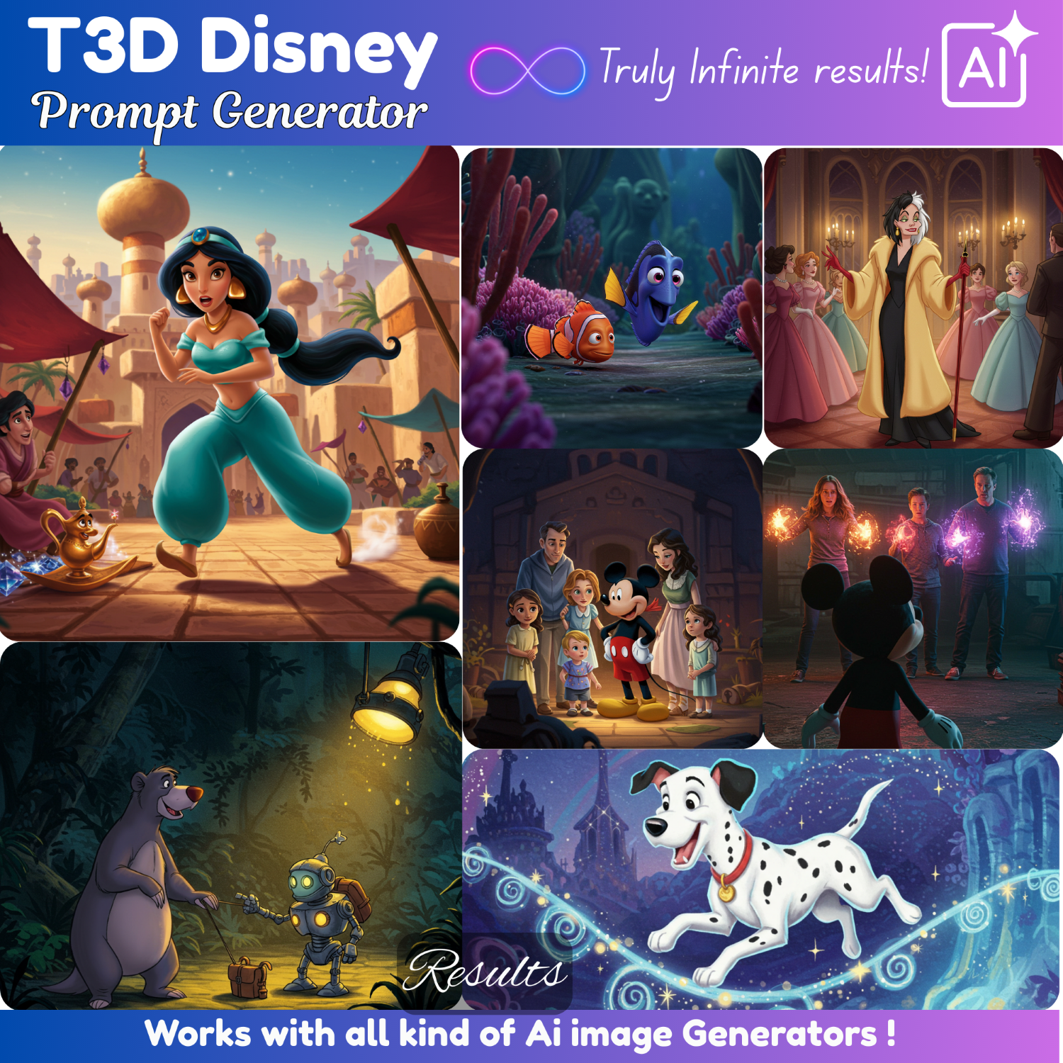 T3D Disney prompts generator, clipart builder, prompt builder, google image generator, Disney images, Disney Villains Generator Ai Prompt