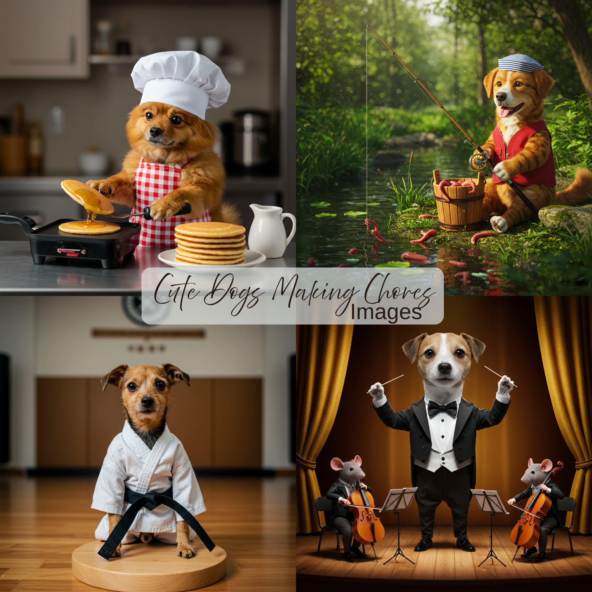 Cute Dogs at Work Digital Art Set, dogs digital images, dogs making chores, viral images