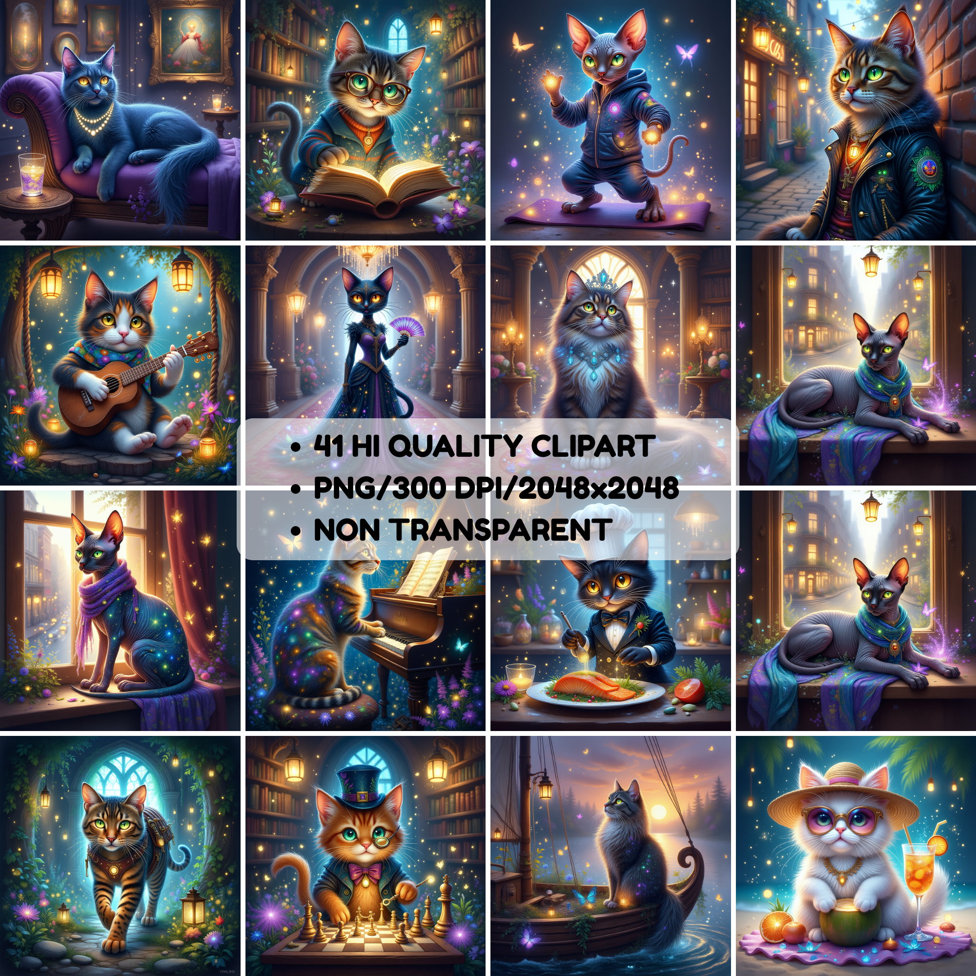 Mystical Whimsical Cats, Feline PNGs, High-Quality Fantasy Cat Illustrations, halloween images