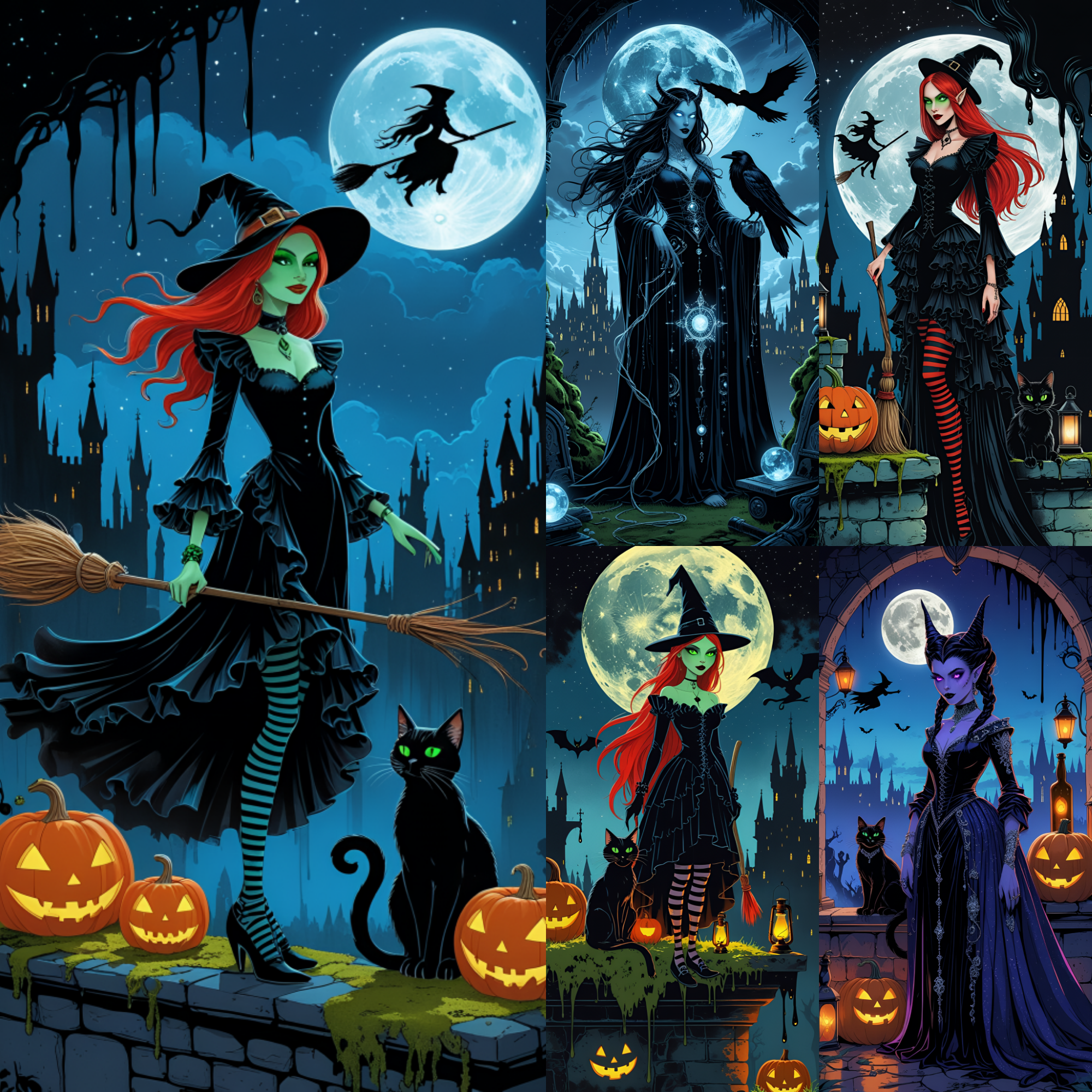 Gothic Witch Clipart Bundle - Dark Fantasy PNG Images, Halloween Digital Art, Full Moon & Black Cat Halloween Images