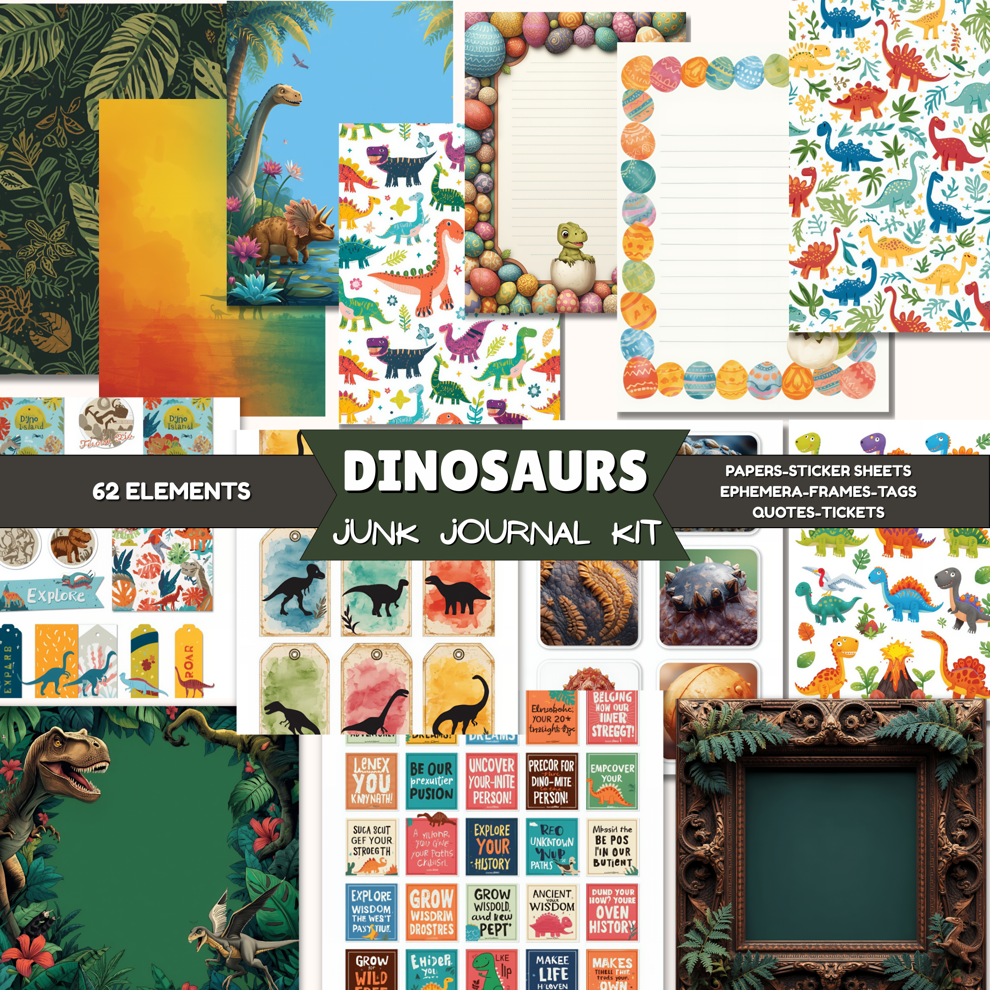 Dinosaur Junk Journal Kit - Digital Prehistoric Paper & Ephemera Bundle Scrapbook Ephemera Kids Journal