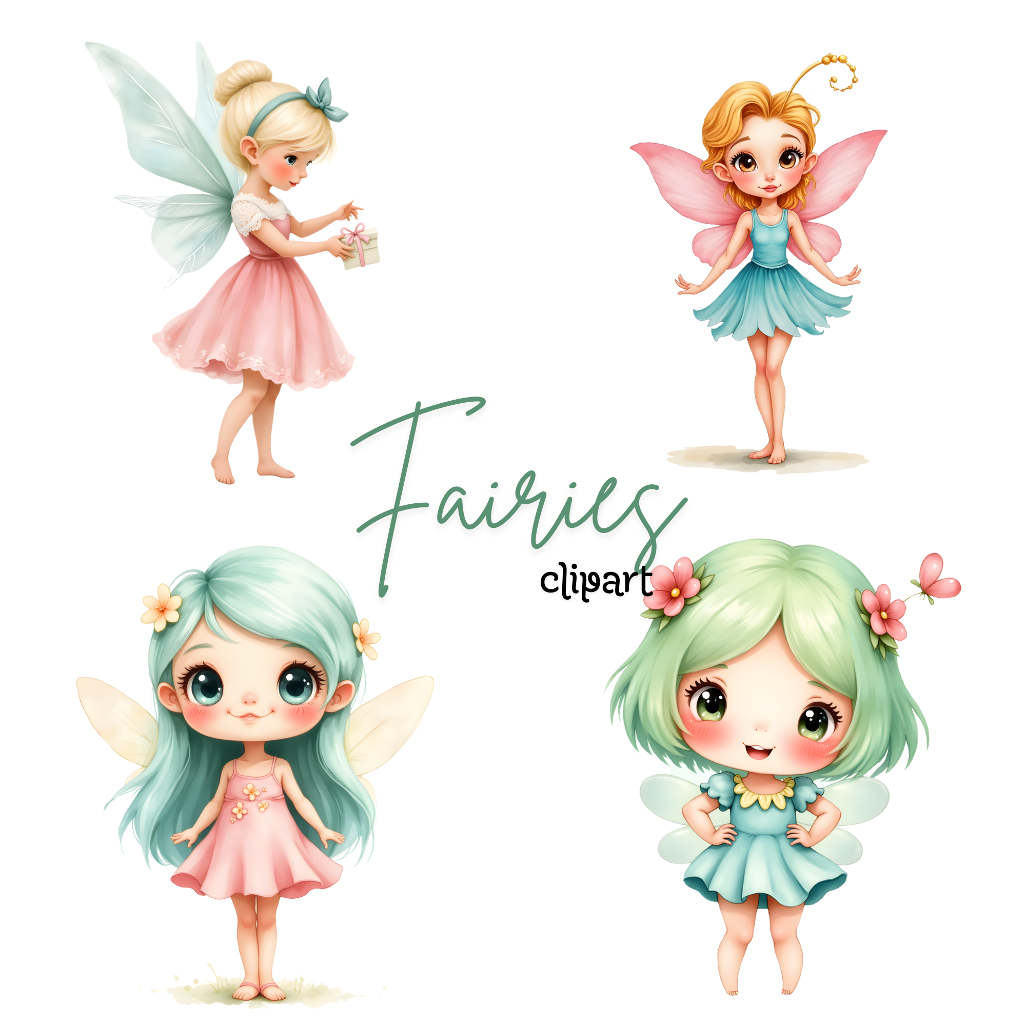 Enchanted Fairies Clipart Bundle | Magical Digital PNG, fairy clipart watercolor