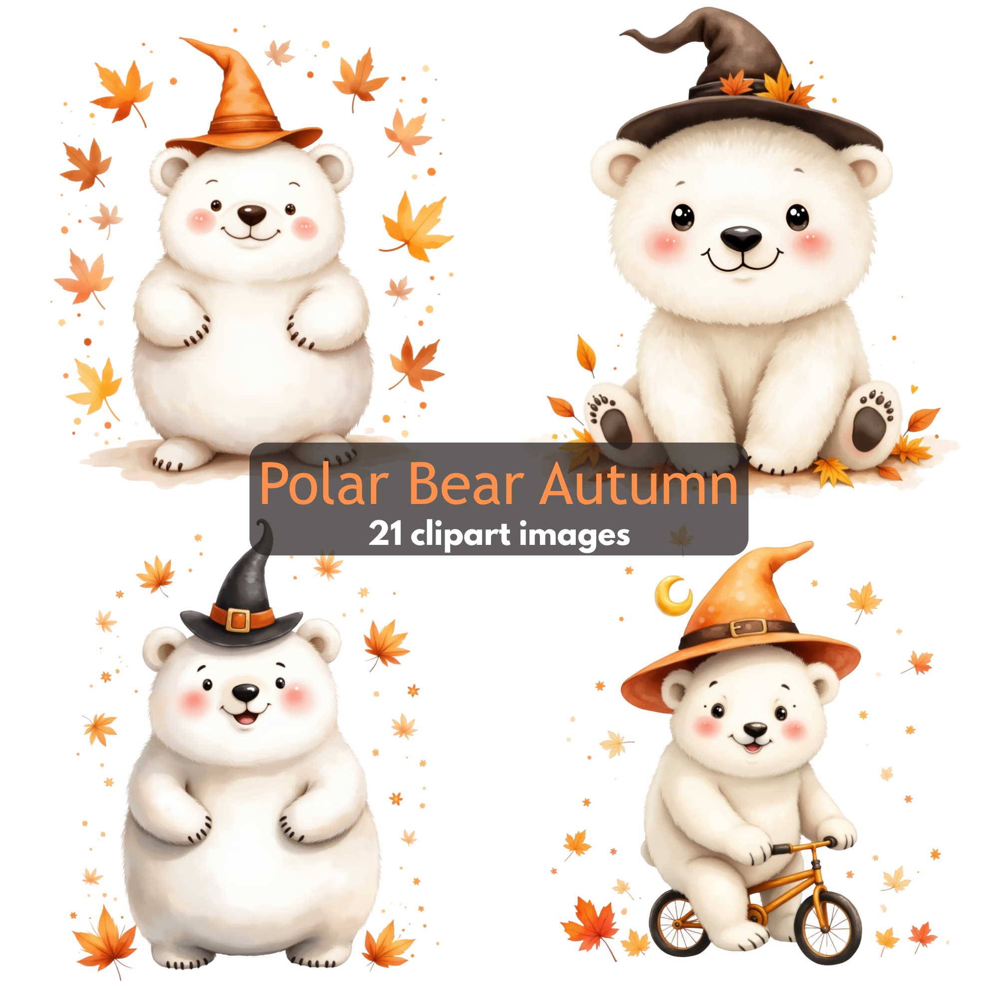 Cute Autumn Polar Bear Clipart Bundle | Kawaii Witch Bears PNG, Watercolor Polar Bear Halloween Clipart Set