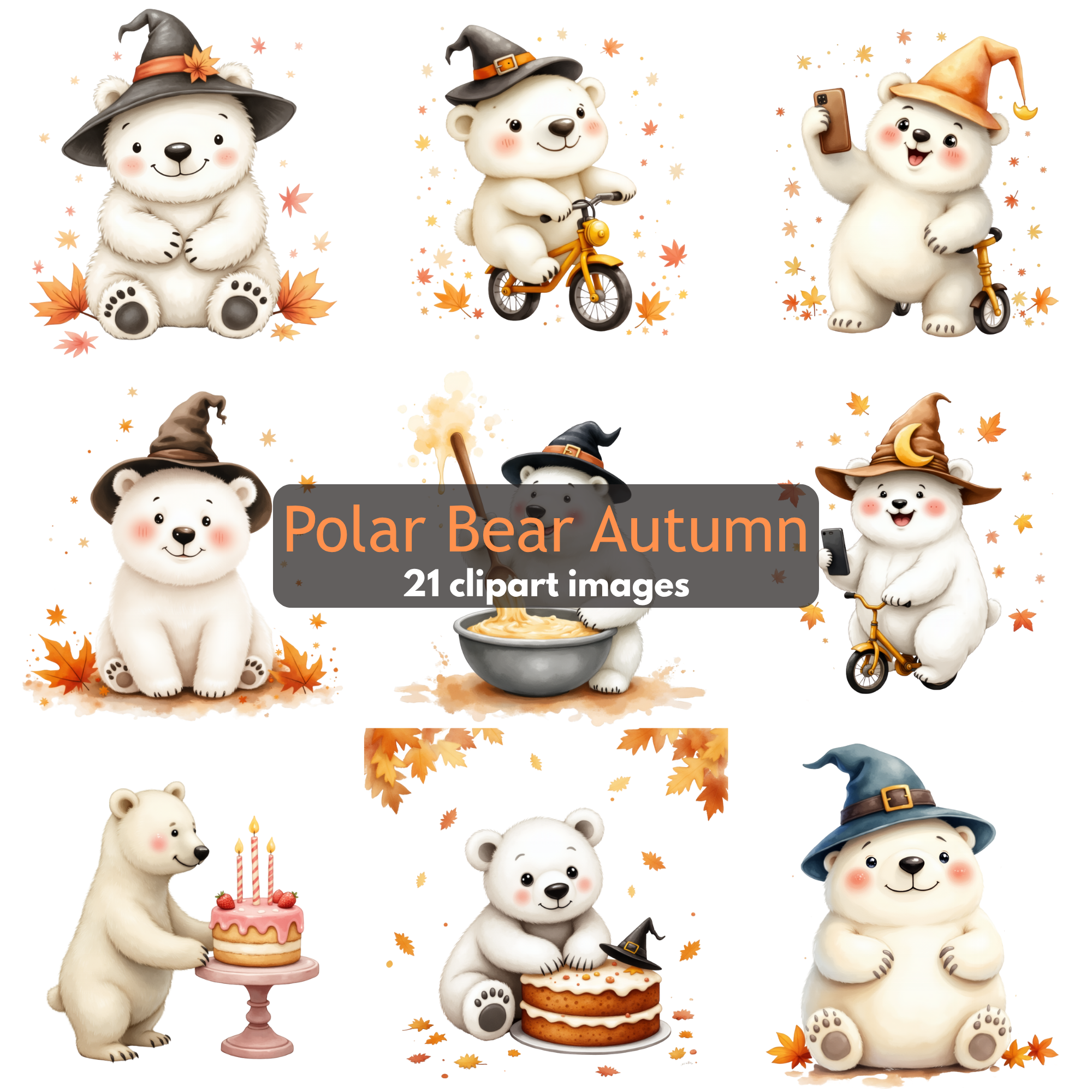 Cute Autumn Polar Bear Clipart Bundle | Kawaii Witch Bears PNG, Watercolor Polar Bear Halloween Clipart Set