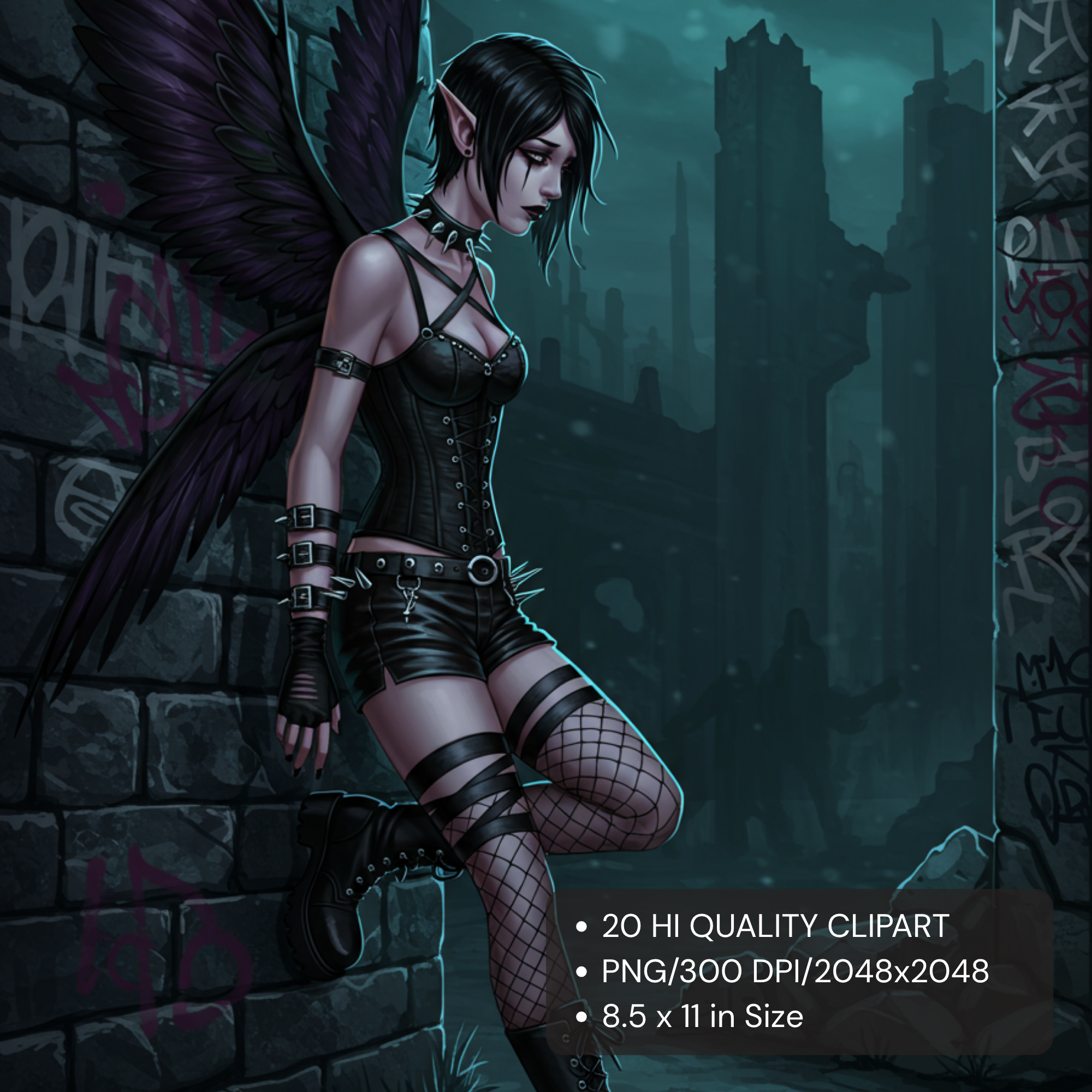 Gothic Elven Dark Angel Art - Fantasy Digital Journal Pages Scrapbooking Gothic Dark Elves