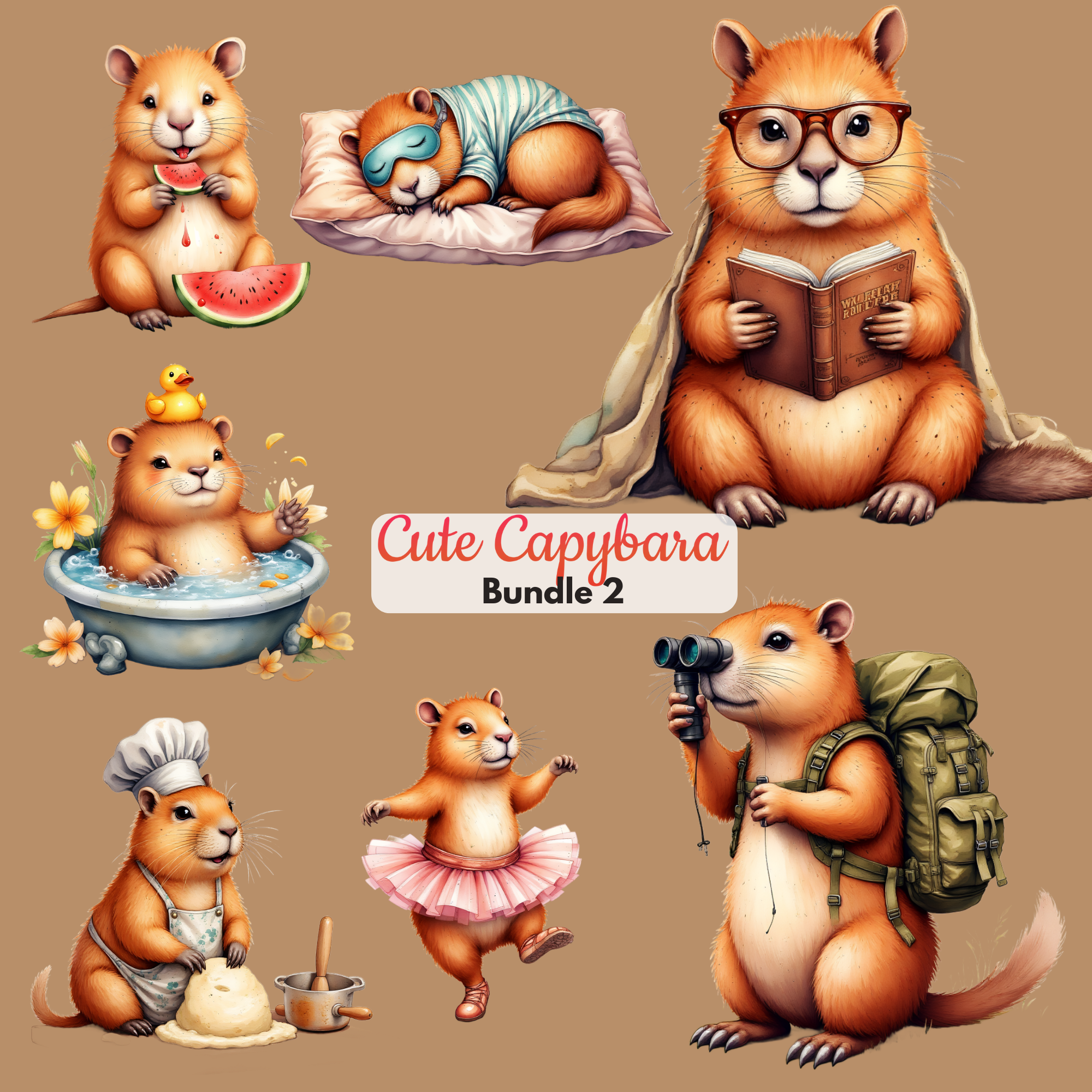 Cute Capybara Clipart Bundle 2 Adorable PNGs Graphics Pack Instant Download Animal Clipart for Crafts | Commercial Use