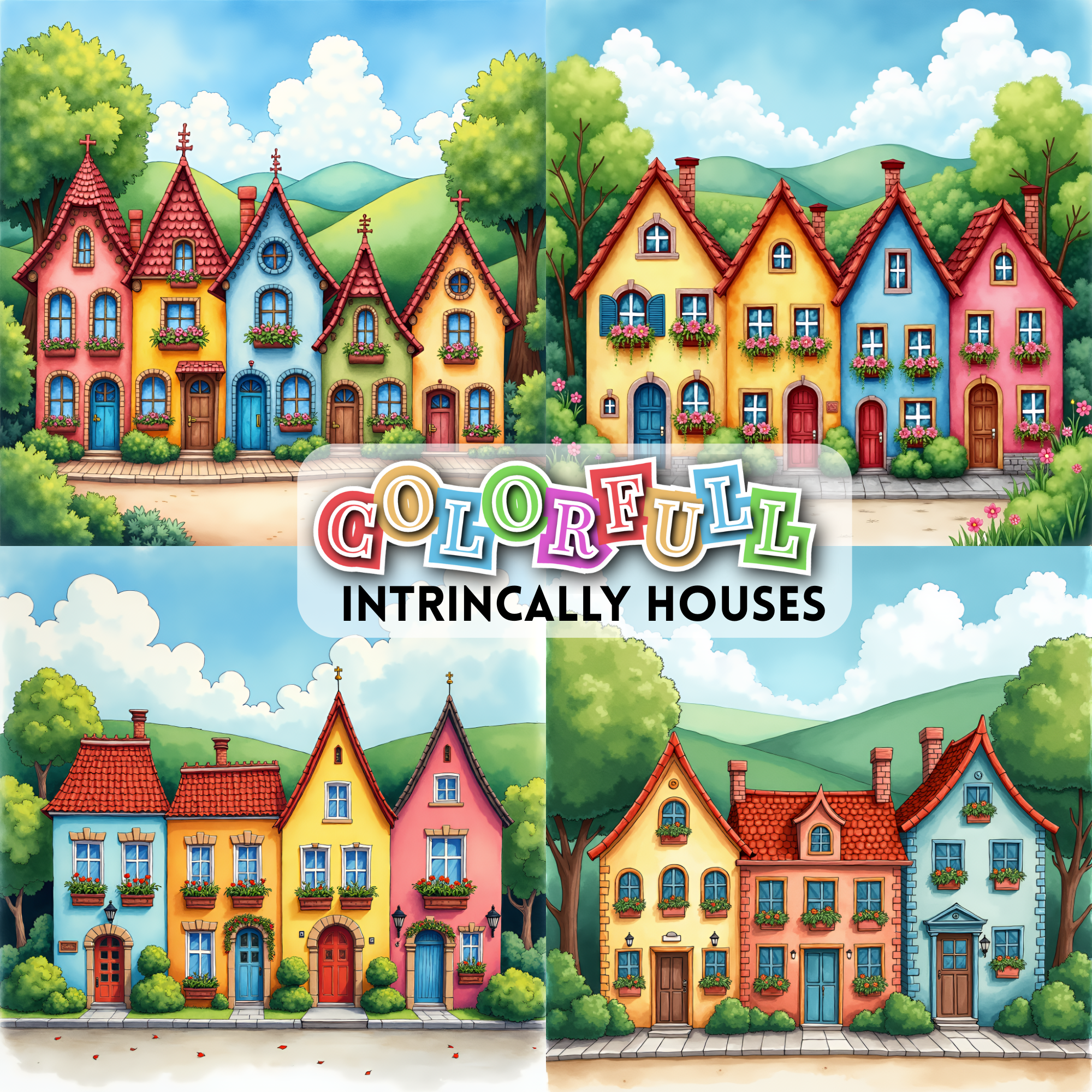 Colorful Fantasy Houses Digital Art Pack, whimsical houses clipart, cute house clipart, colorful houses images