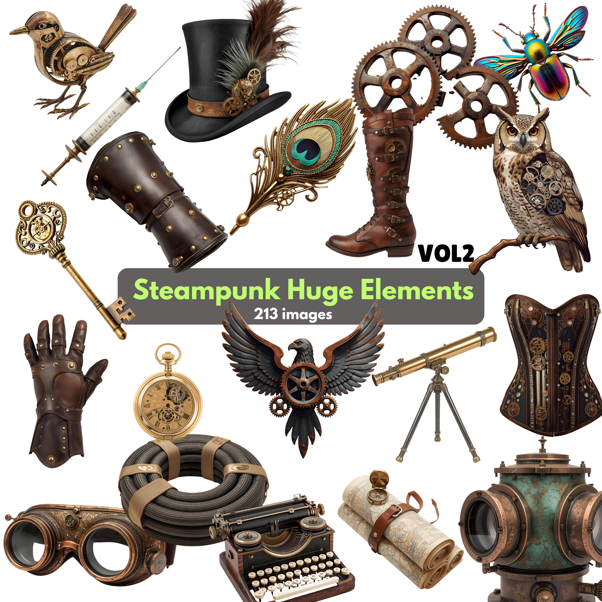 Steampunk Elements Clipart Bundle 2, Vintage Gears & Clockwork, Industrial Digital Elements, Mechanical Parts, Junk Journal Steampunk