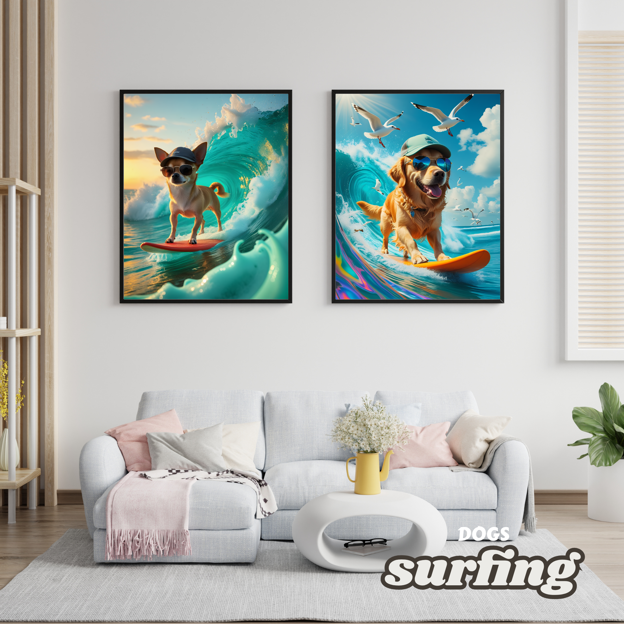 Surfing Dogs Digital Art Bundle | Hi-Res PNG Images | Instant Download for Wall Art