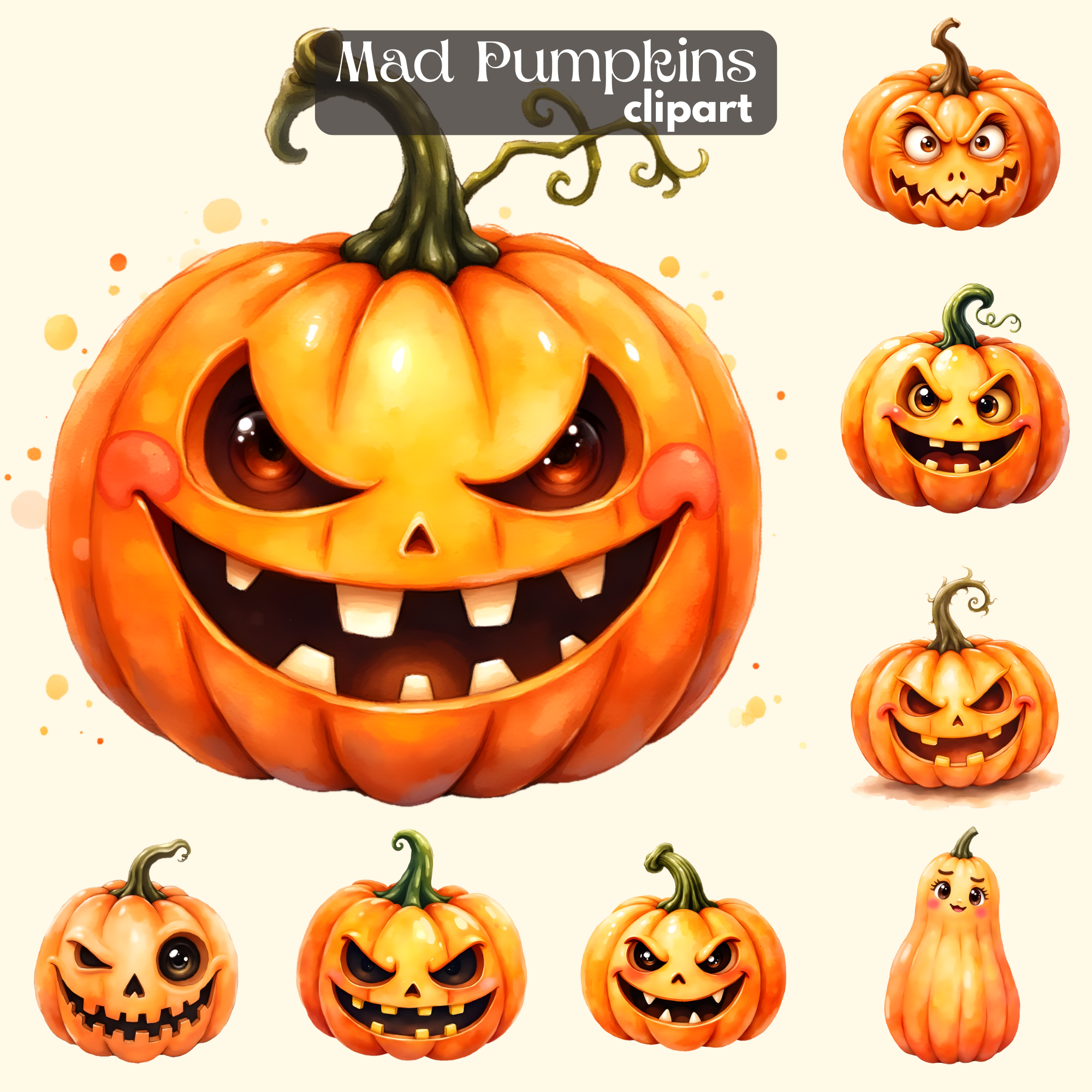 Mad Halloween Pumpkins Clipart Bundle Spooky Jack-O'-Lantern PNGs Sublimation Images
