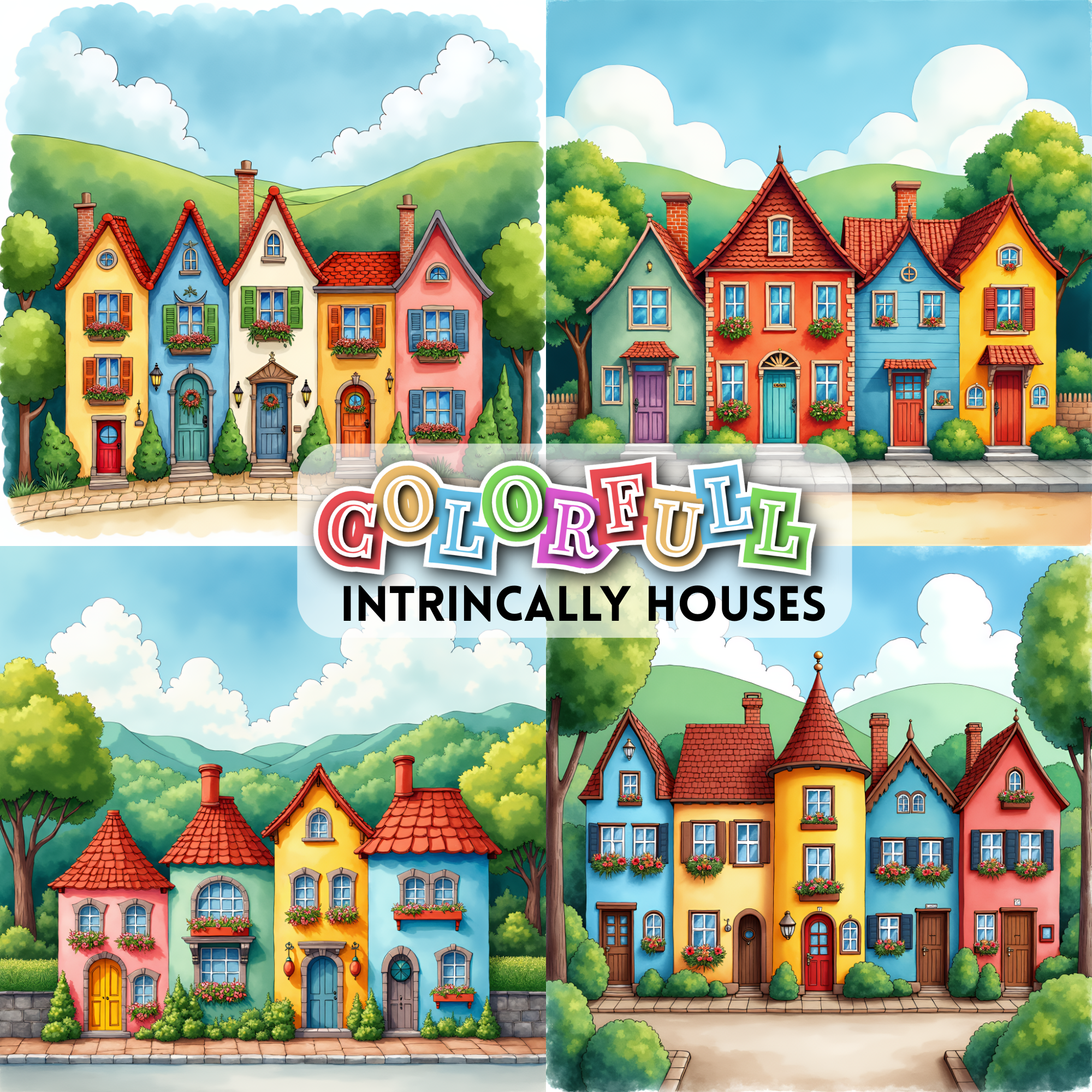 Colorful Fantasy Houses Digital Art Pack, whimsical houses clipart, cute house clipart, colorful houses images