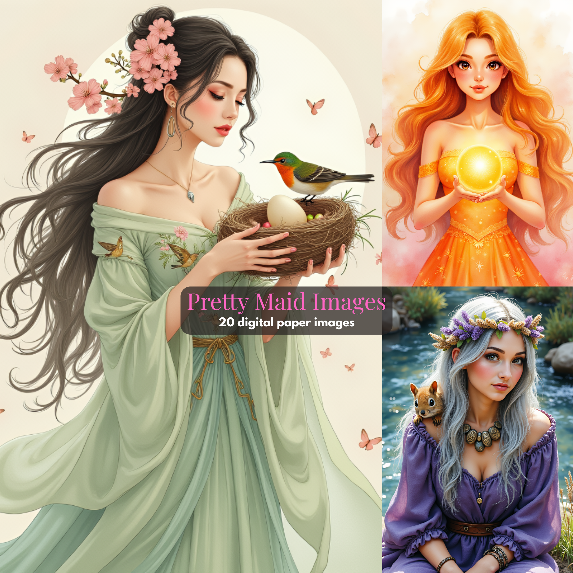 Fantasy Girls Bundle Digital Art PNG Pretty Maid Whimsical Illustrations Journal Pages