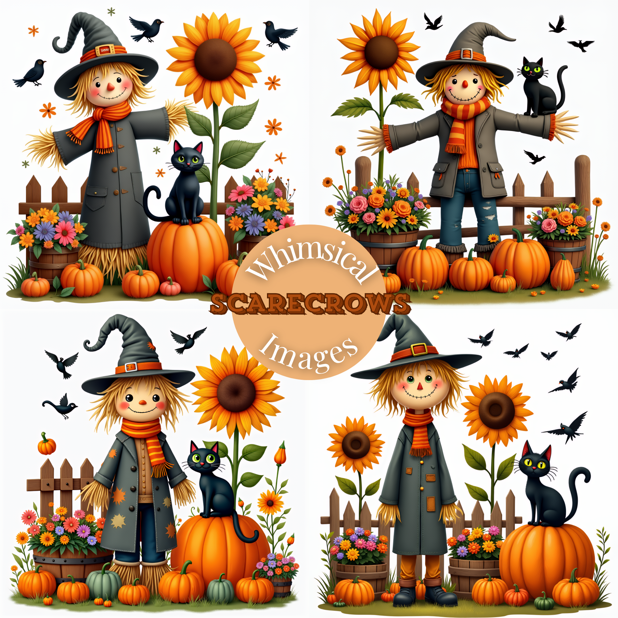 Enchanting Whimsical Scarecrow, Black Cat Digital Art Bundle, halloween scarecrows, halloween clipart