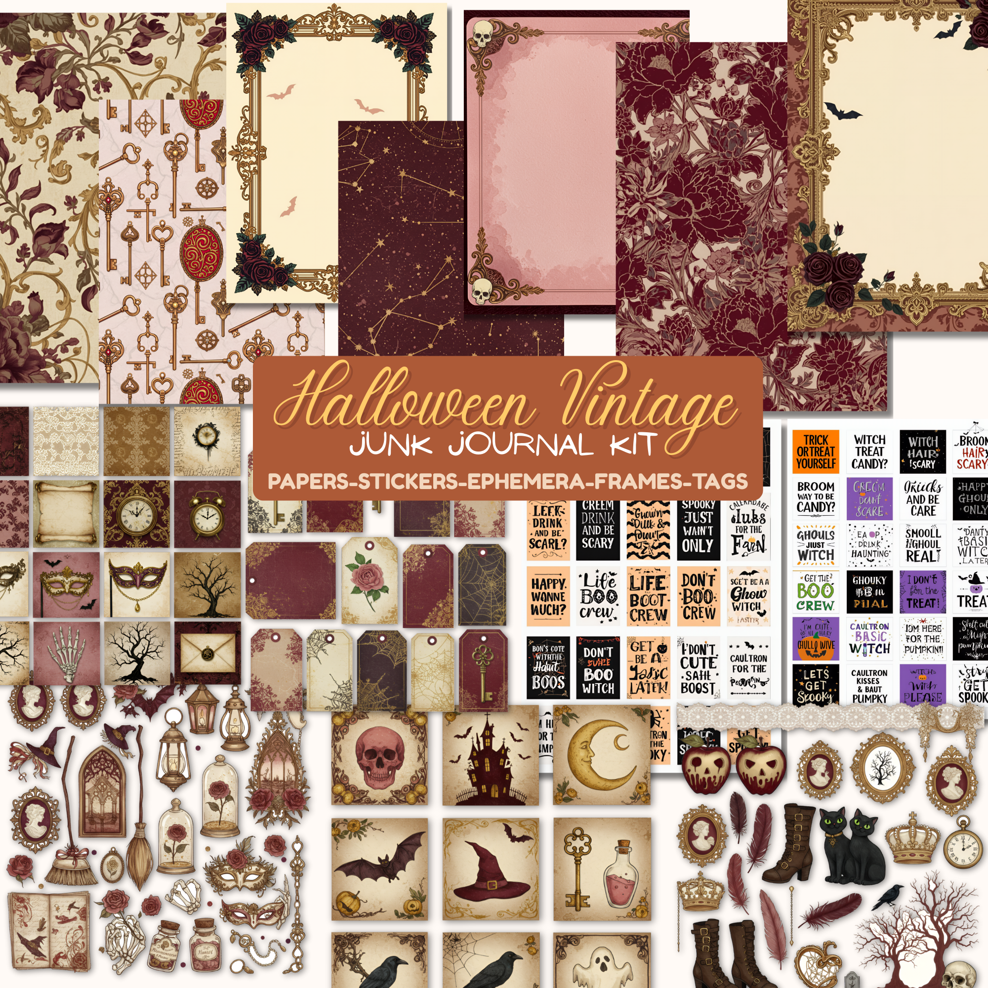 Halloween Vintage Junk Journal Kit - Free Digital PNG Collage Sheet Printable Ephemera Free Clipart
