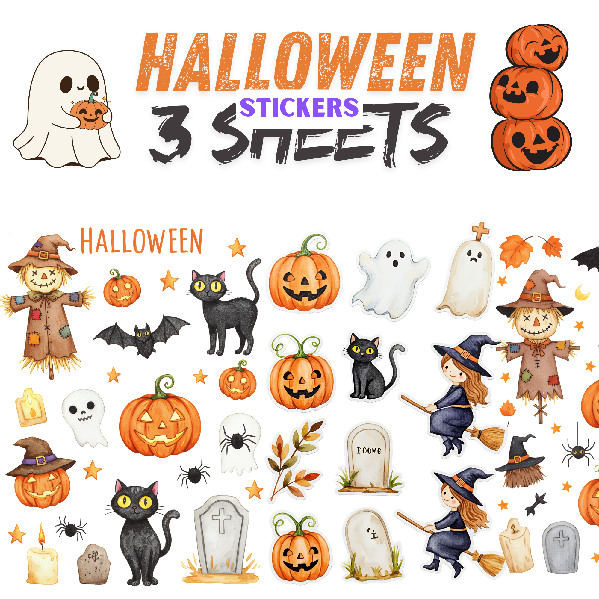 Free Halloween Watercolor Stickers - Cute Ghost Pumpkin Witch Scarecrow PNG Pack