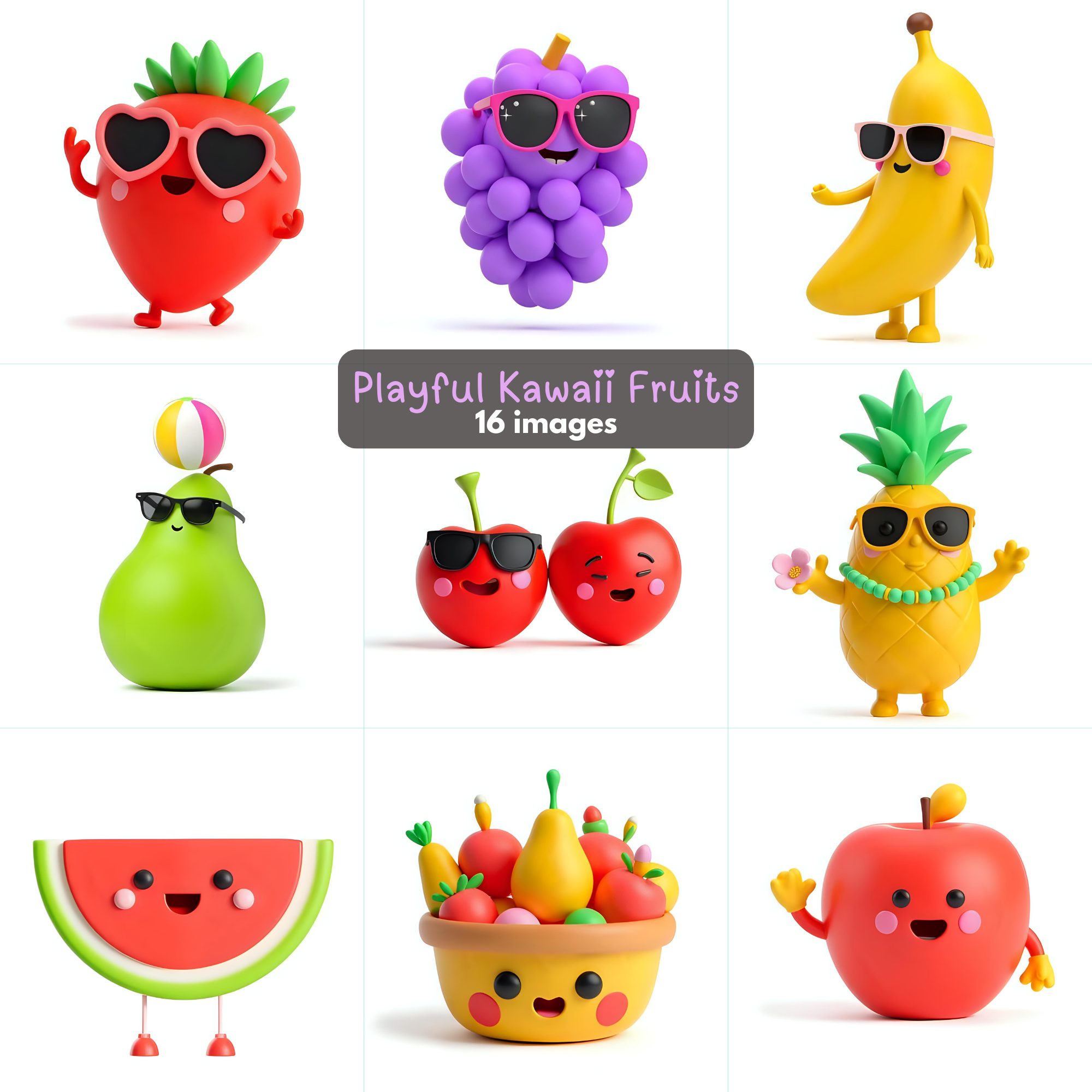 FREE Kawaii Fruit PNG Bundle -Cute Clipart Images, Digital Download, Transparent