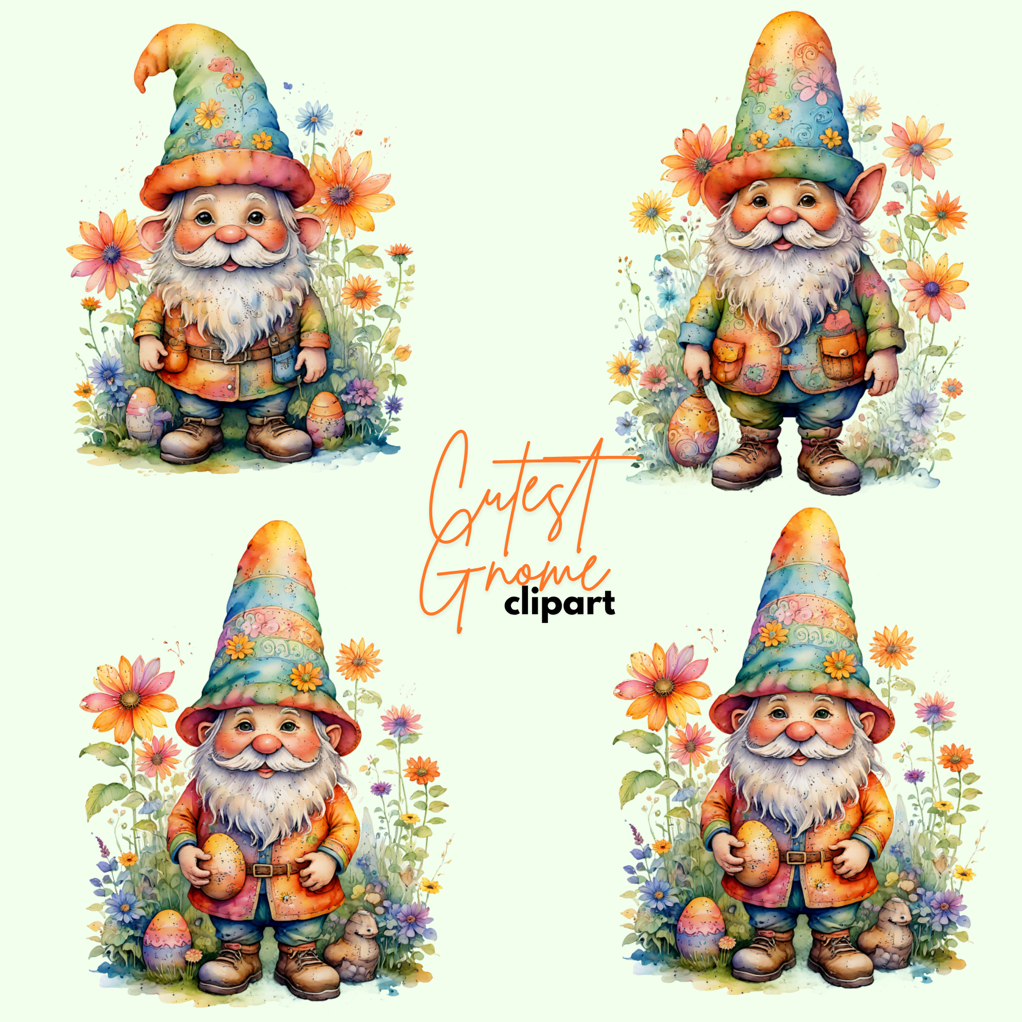 Whimsical Easter Gnomes: Hand-Painted Clipart Set, gnome cliparts, easter clipart watercolors