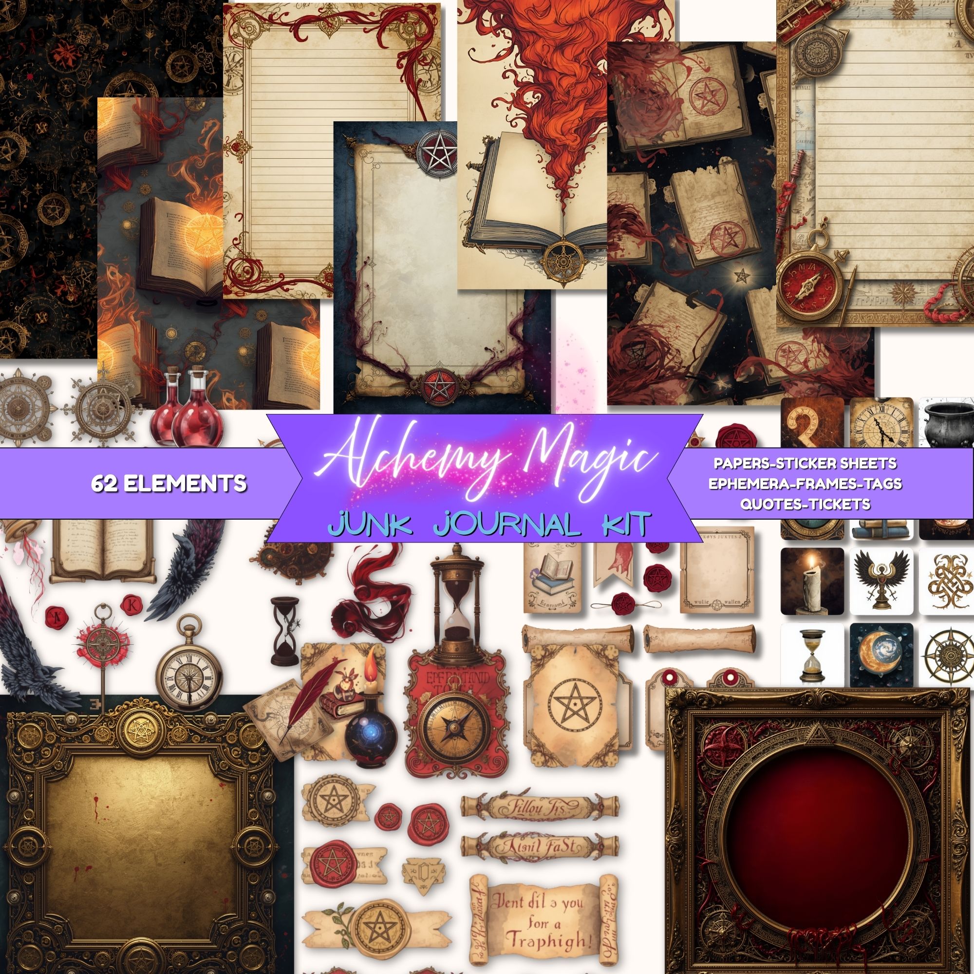Alchemy Magic Junk Journal Kit | Digital Grimoire Ephemera | Mystical PNG Bundle for Scrapbooking