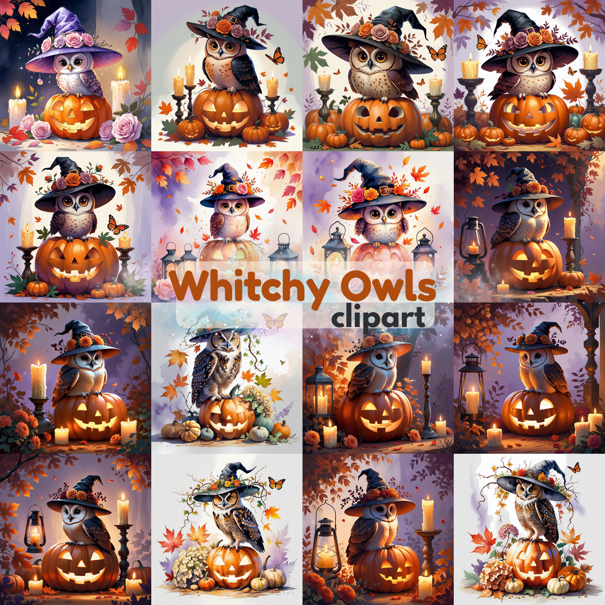 Witchy Owl Clipart Bundle, Halloween Owls on Pumpkins, High-Res PNG, Autumn Digital Art for Scrapbooking & Crafts