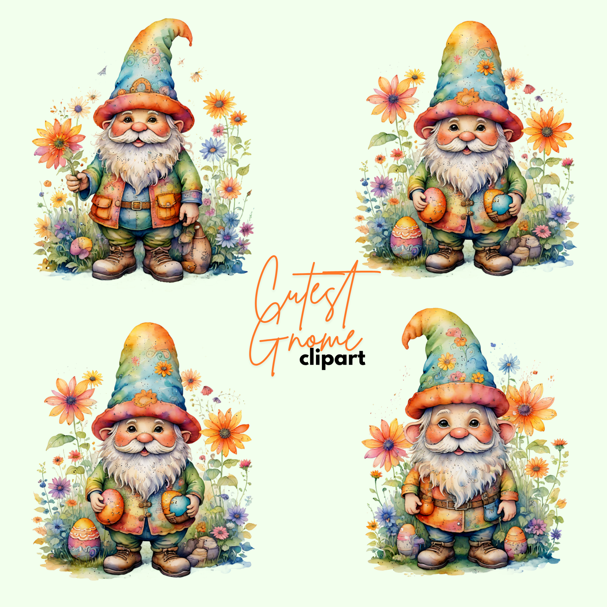 Whimsical Easter Gnomes: Hand-Painted Clipart Set, gnome cliparts, easter clipart watercolors