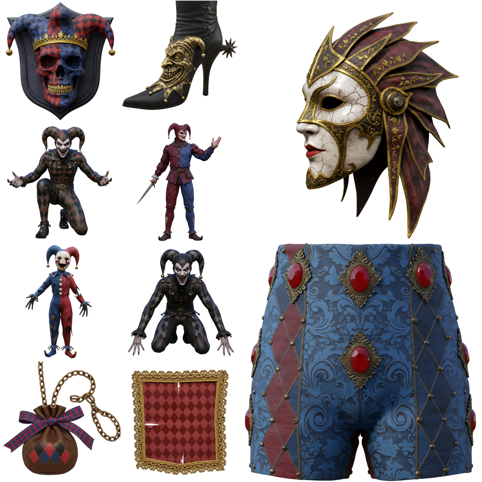 Harlequin Clipart Bundle PNG | Dark Jester Gothic Fantasy Graphics Clipart Set |Jester, Mask & Ruby Jewel