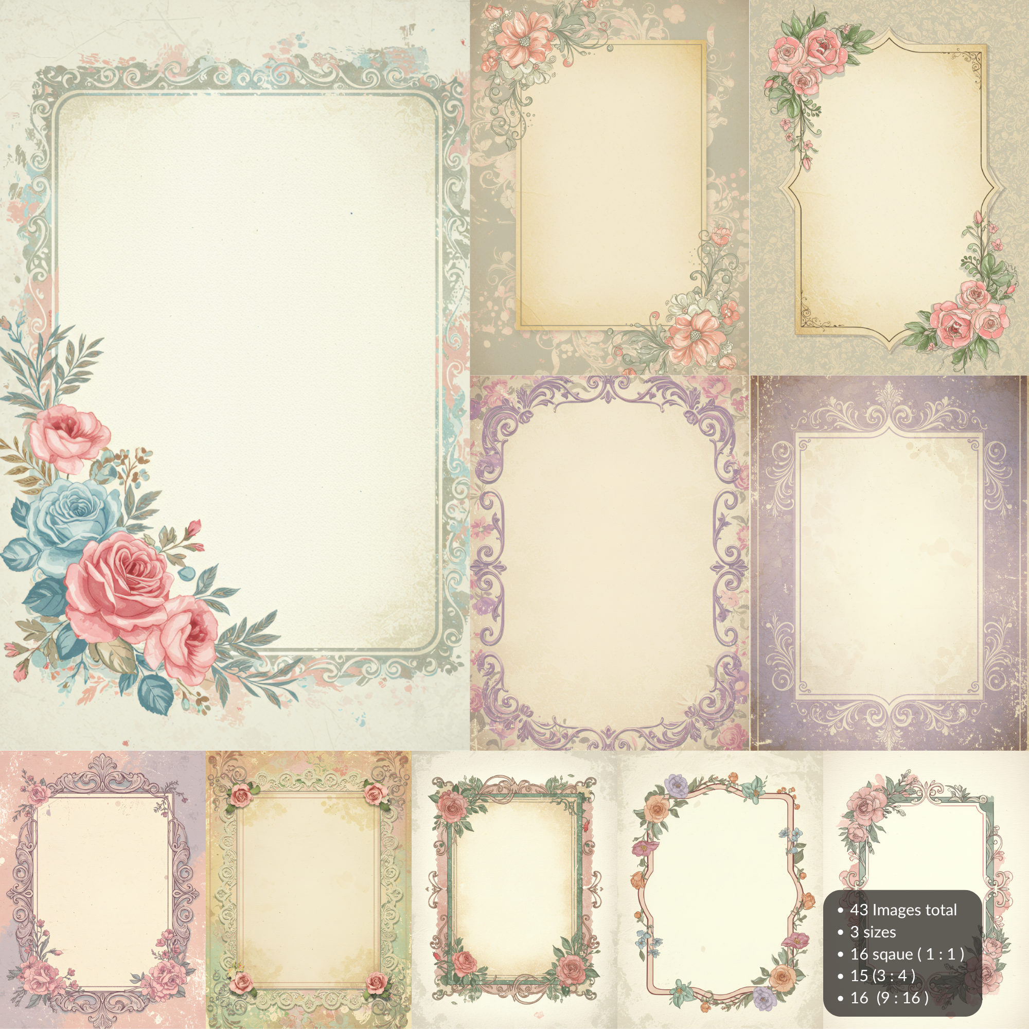 Shabby Chic Digital Frames |Vintage Scrapbook Elements Romantic Rose Frames Bundle Journal Pages