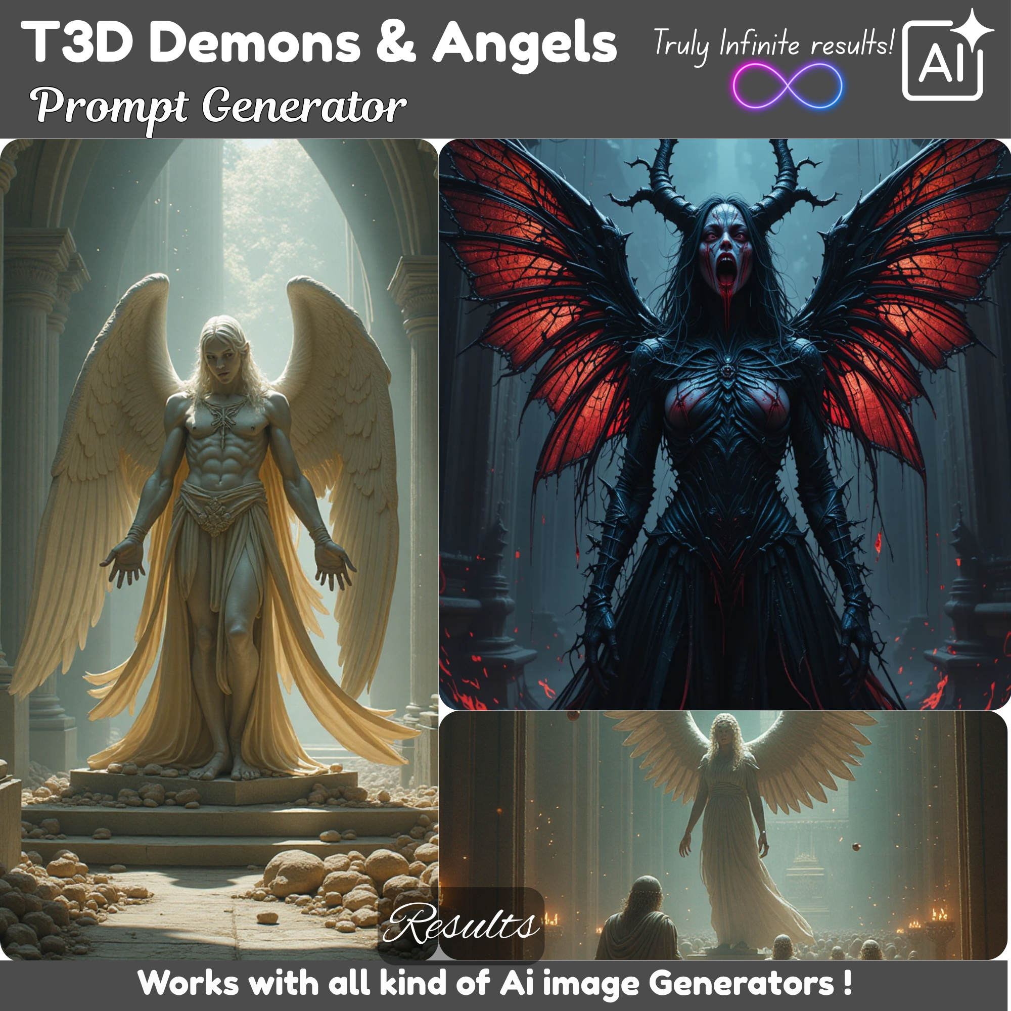 T3D Demons Angels Prompts generator, clipart builder, prompt builder, google image generator, Demons images, Angels Generator Ai Prompt