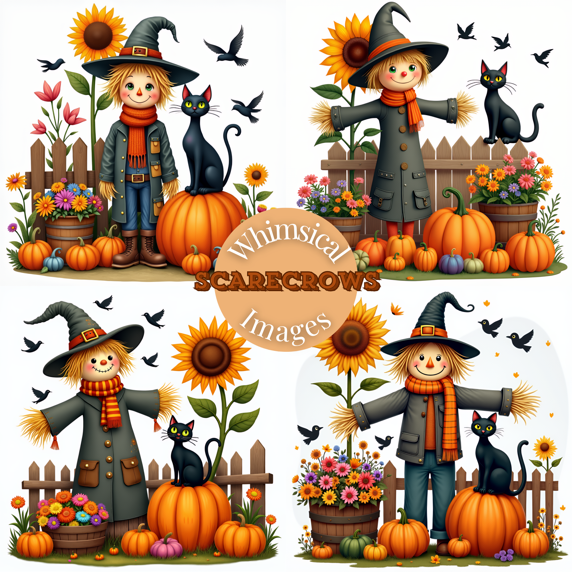 Enchanting Whimsical Scarecrow, Black Cat Digital Art Bundle, halloween scarecrows, halloween clipart