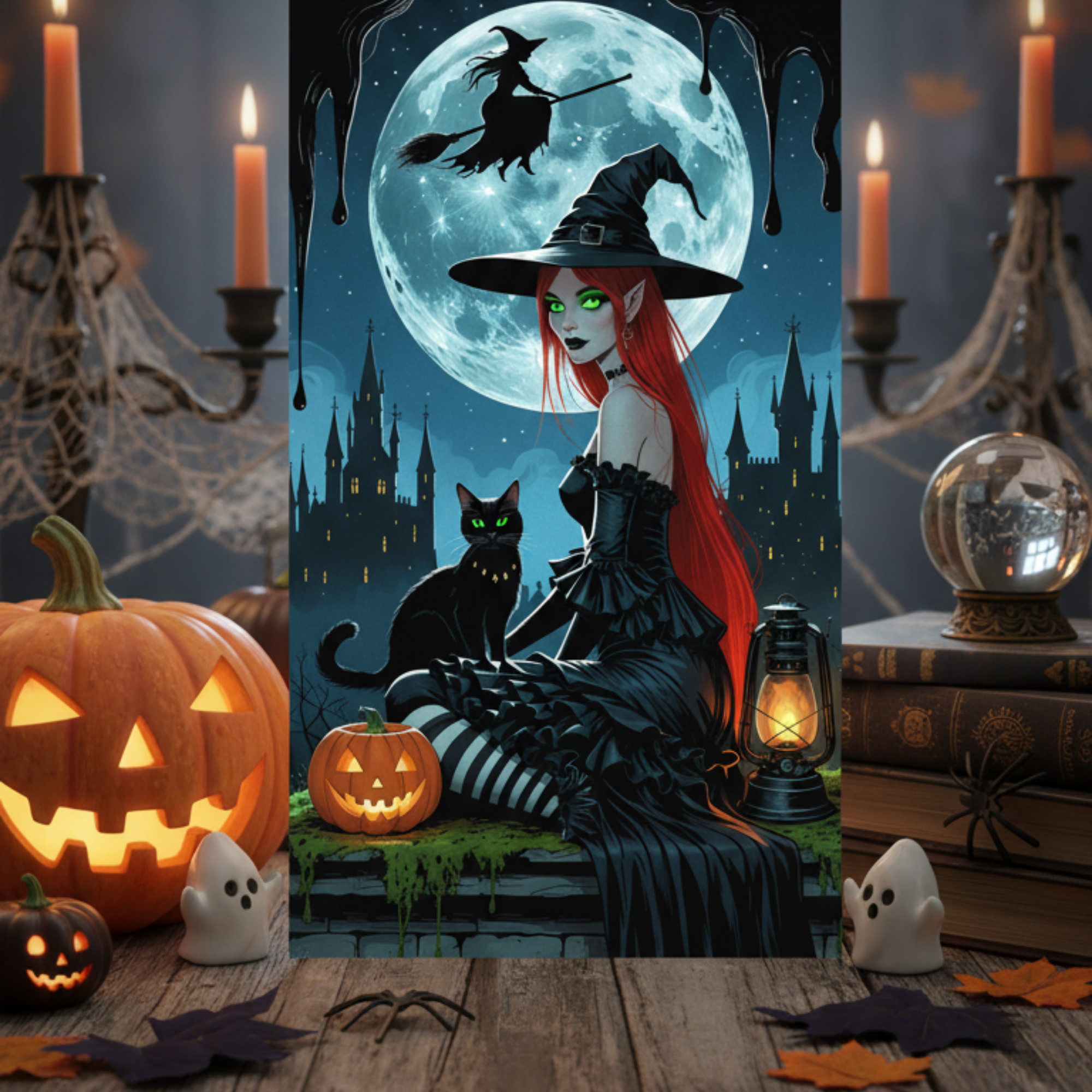 Gothic Witch Clipart Bundle - Dark Fantasy PNG Images, Halloween Digital Art, Full Moon & Black Cat Halloween Images