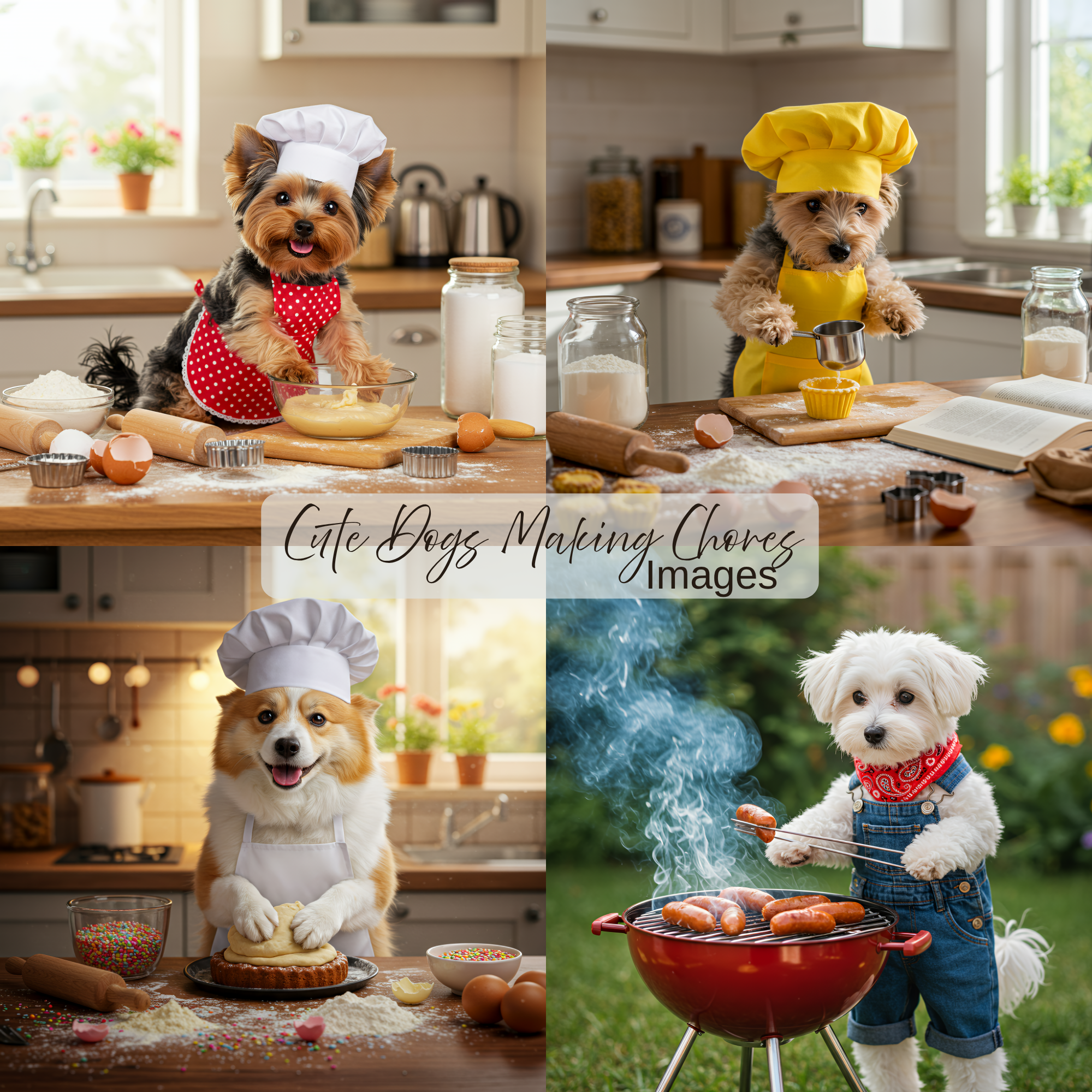 Cute Dogs at Work Digital Art Set, dogs digital images, dogs making chores, viral images