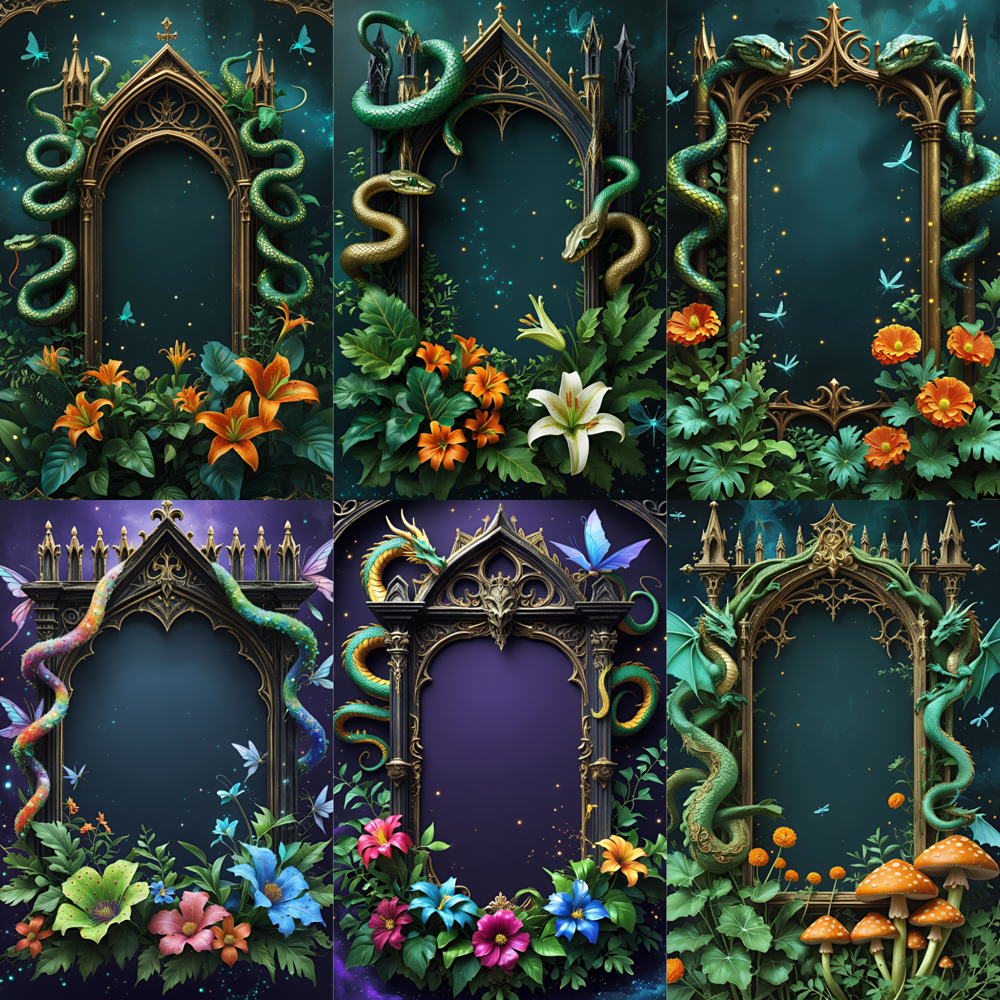 Gothic Scrolls Digital Papers, Dragon Digital Paper Fantasy Arch Frames Mystical Floral Ornate Medieval| Emerald Snake & Dragon Frames | Gothic Scrapbook