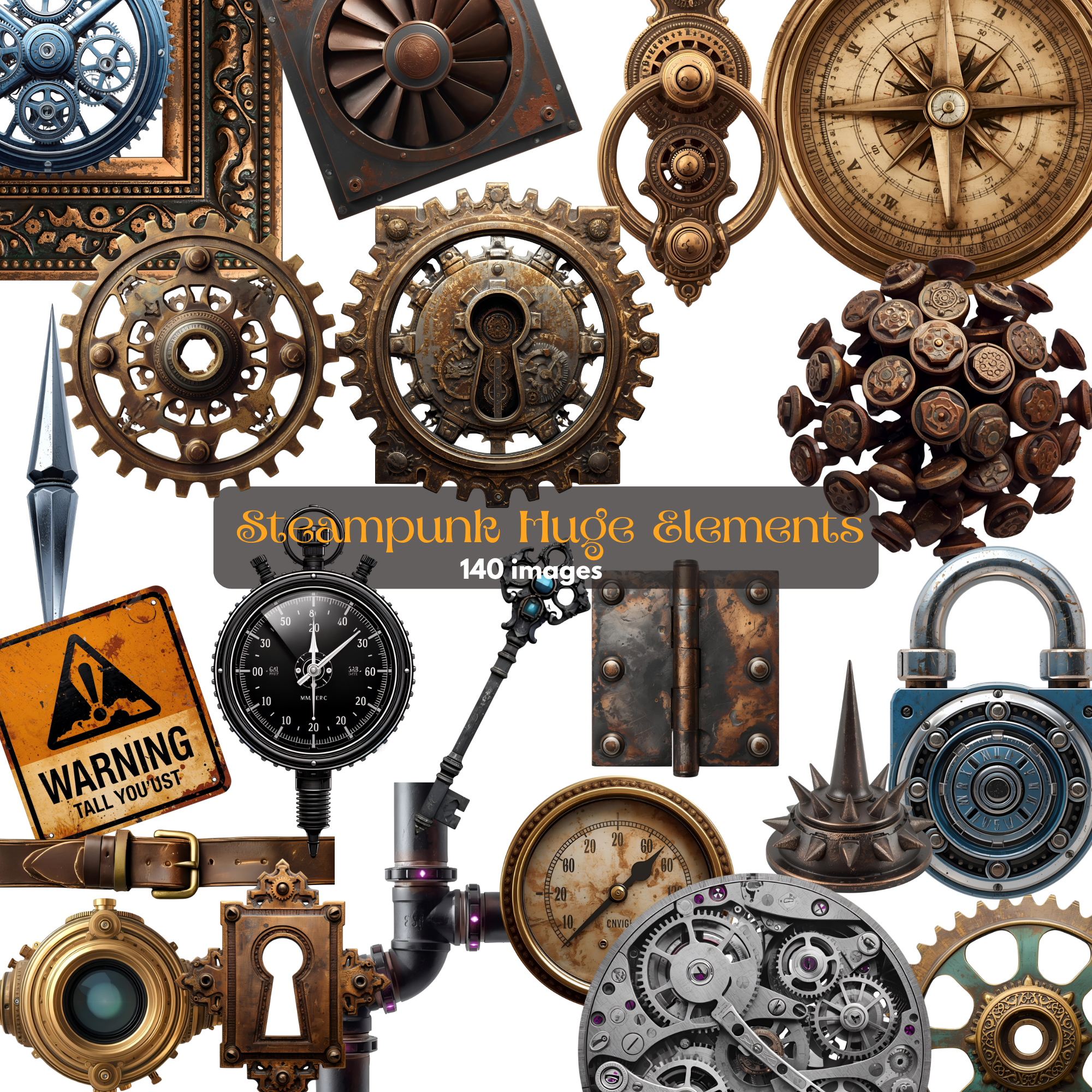Steampunk Huge Elements Clipart Bundle, Vintage Gears & Clockwork, Industrial Digital Elements, Mechanical Parts, Junk Journal