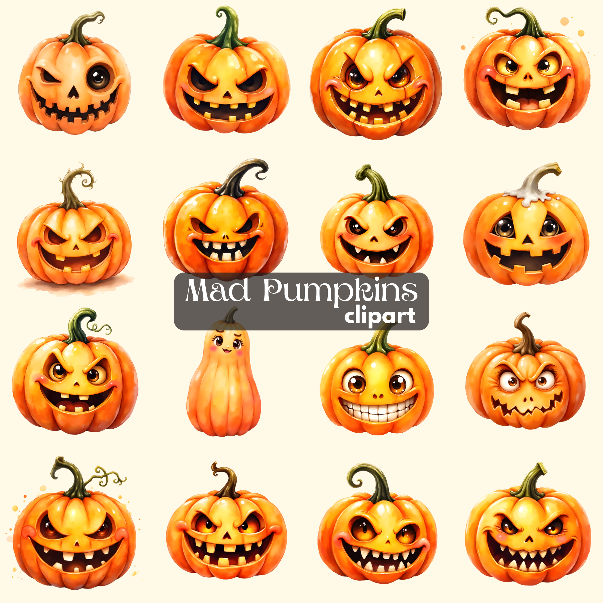 Mad Halloween Pumpkins Clipart Bundle Spooky Jack-O'-Lantern PNGs Sublimation Images