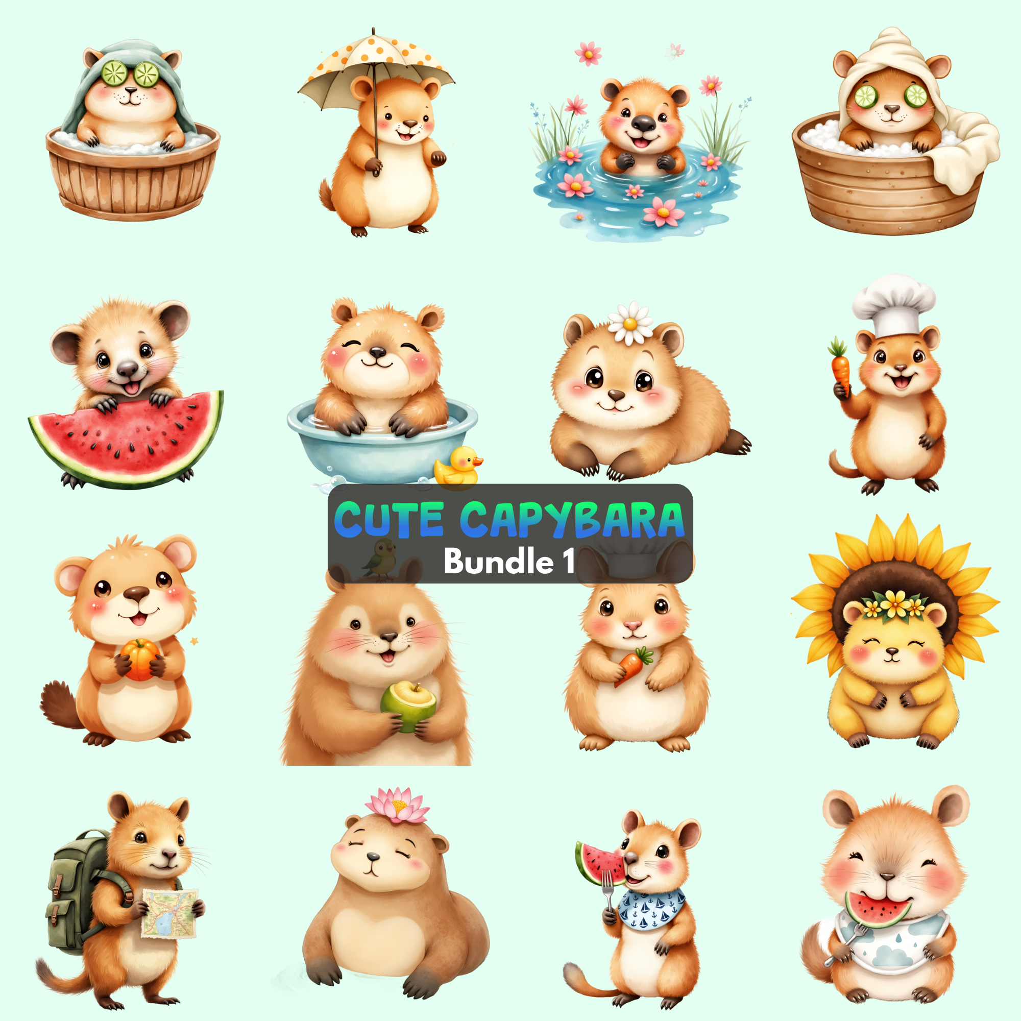 Cute Capybara Clipart Bundle Adorable PNGs Graphics Pack Instant Download Animal Clipart for Crafts | Commercial Use