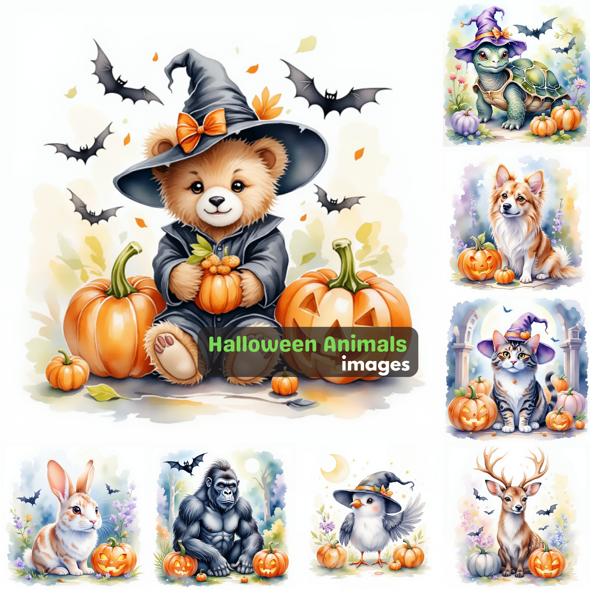 Halloween Animals Clipart Bundle Cute Witch Hat & Pumpkin PNGs Digital Download