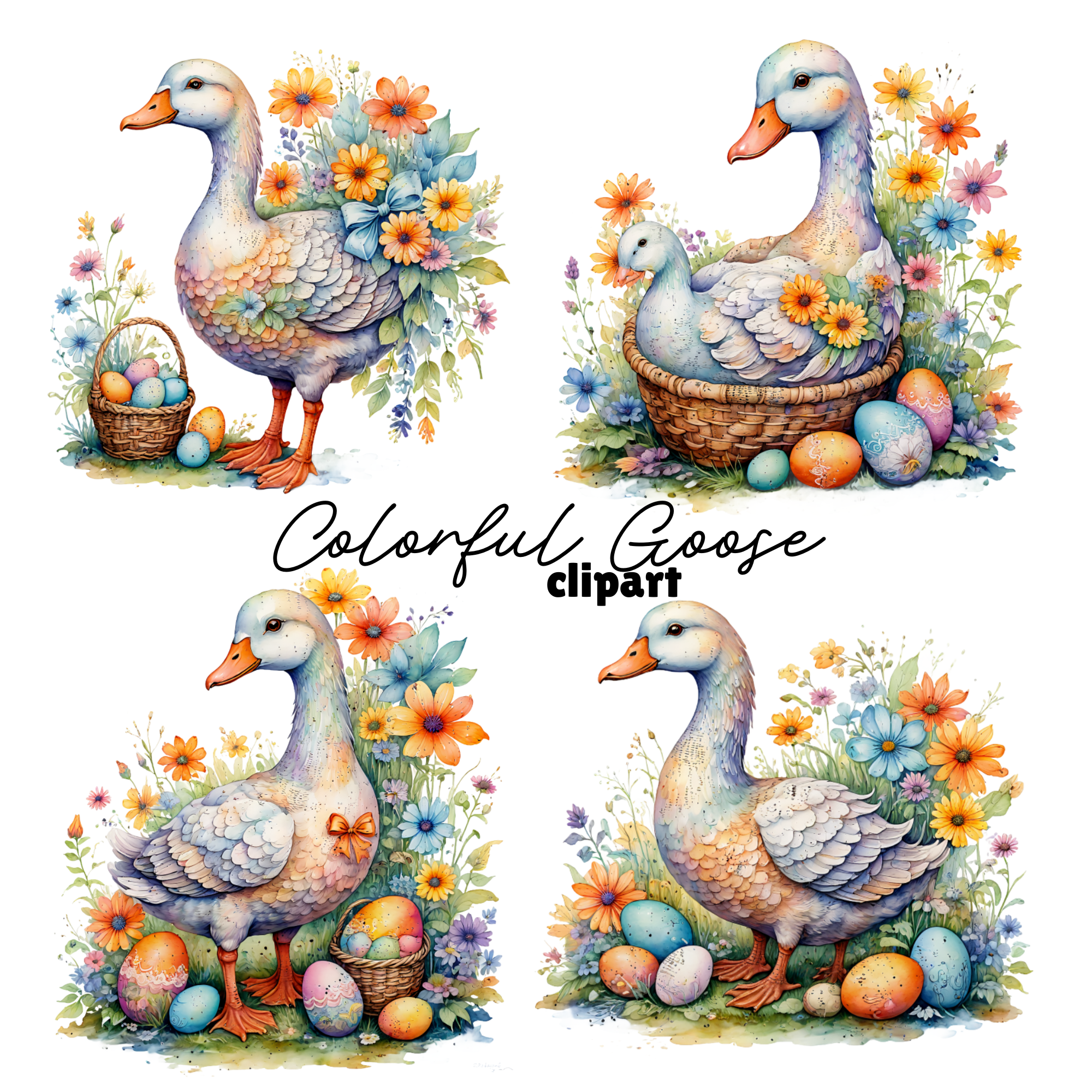 Watercolor Goose Floral Basket Digital Clipart Set, goose png transparent, goose clipart