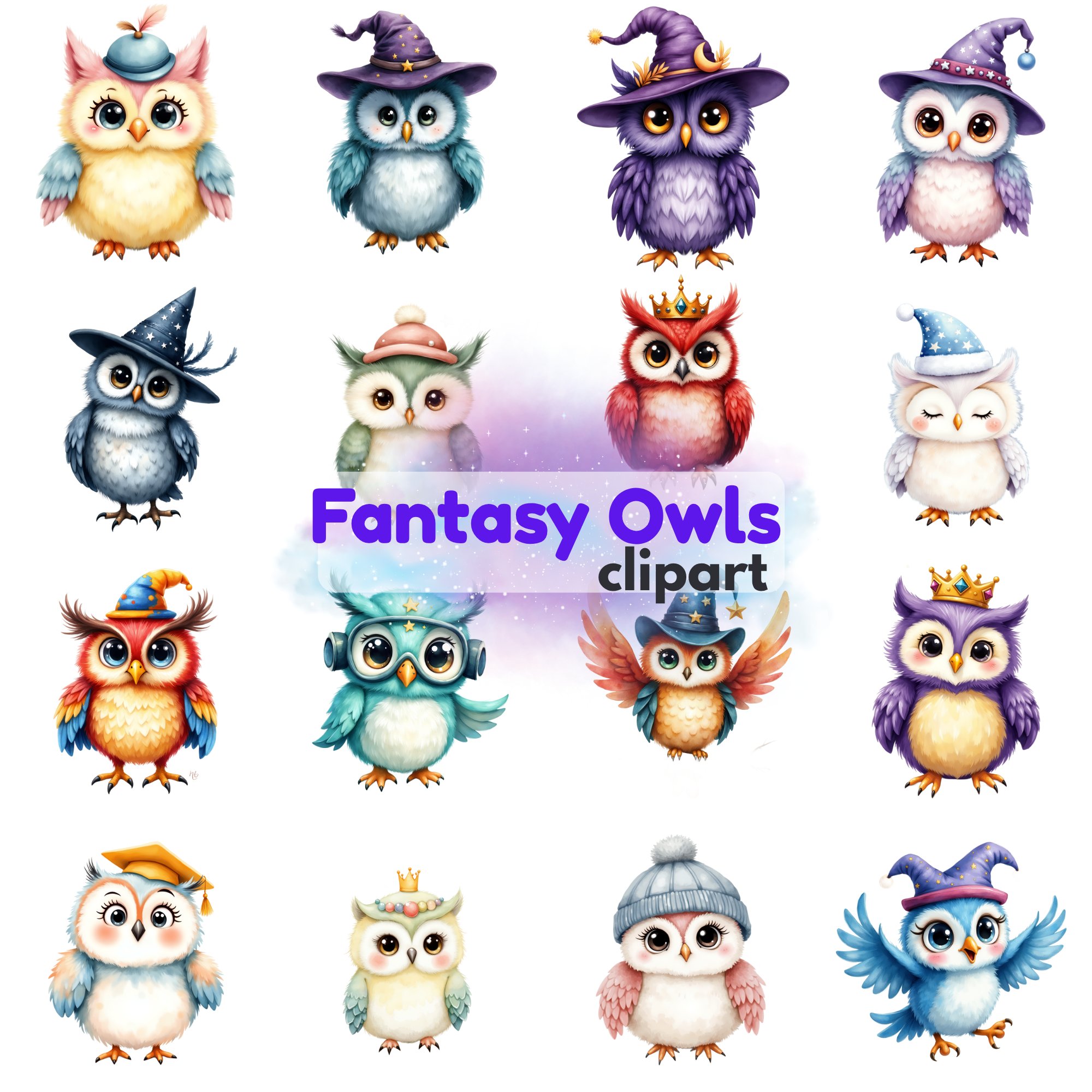 Whimsical Fantasy Owl Clipart Bundle, halloween cliparts, owl clipart png