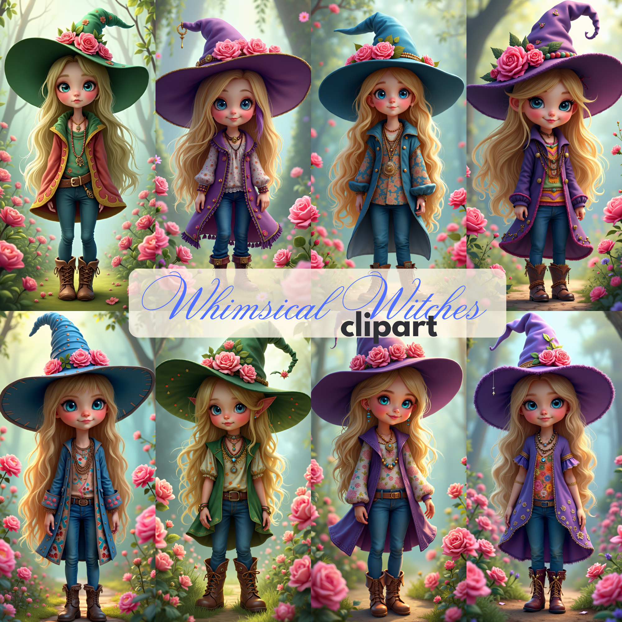 Whimsical Witch Clipart Set - Witch Illustrations, halloween images, halloween clipart, witch images